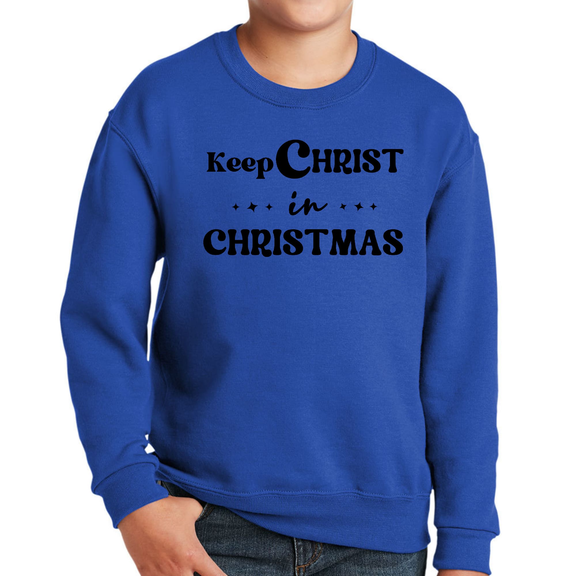 Youth graphic sweatshirt featuring 'Keep Christ in Christmas' design, perfect for boys during the holiday season.