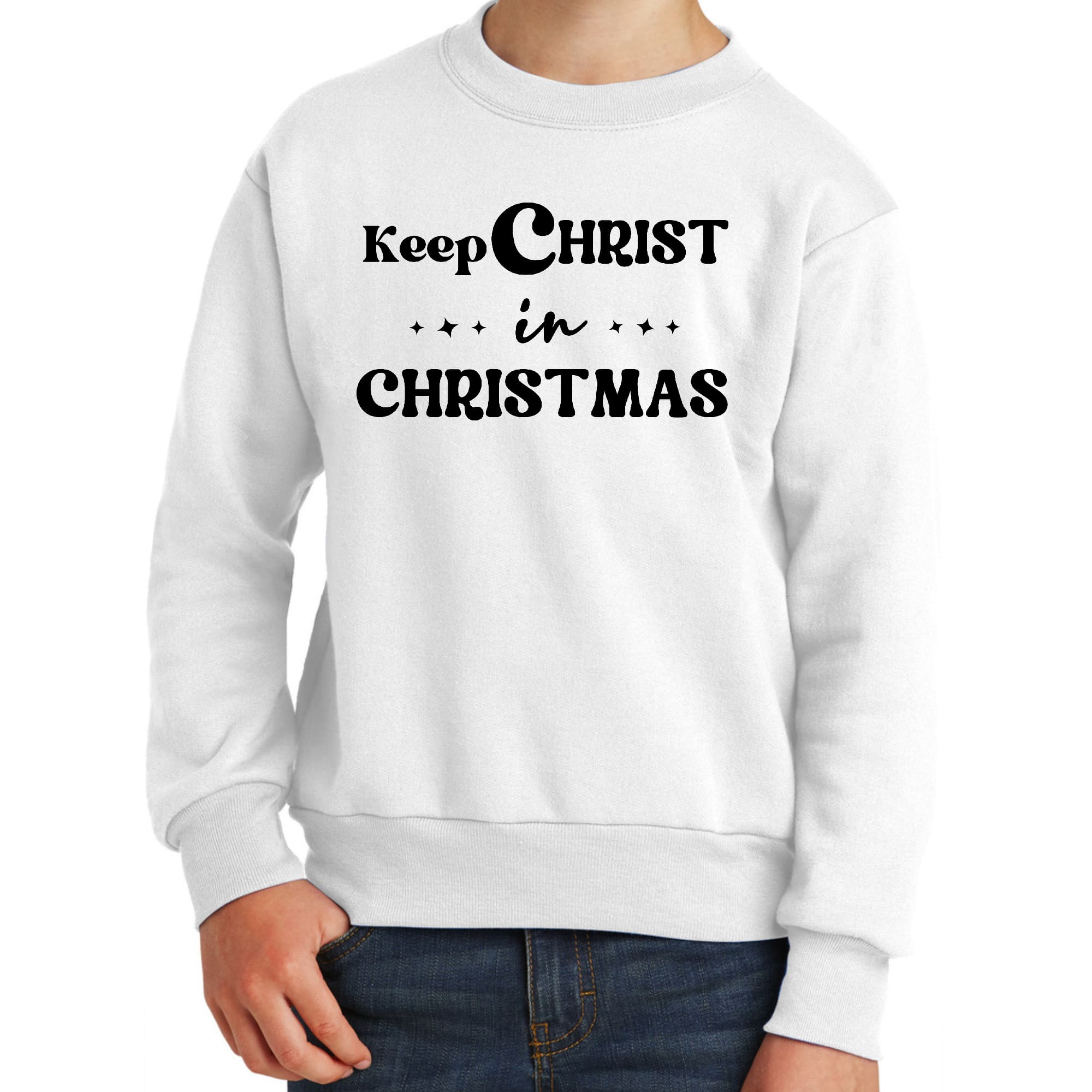 Youth graphic sweatshirt featuring 'Keep Christ in Christmas' design, perfect for boys during the holiday season.