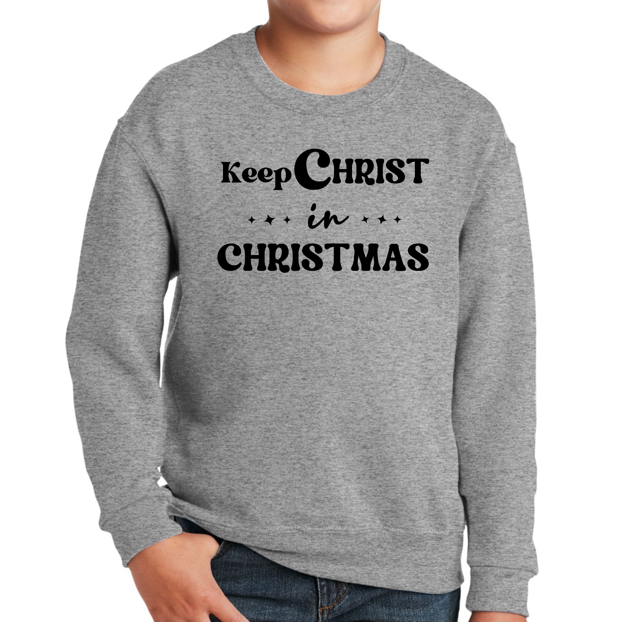 Youth graphic sweatshirt featuring 'Keep Christ in Christmas' design, perfect for boys during the holiday season.