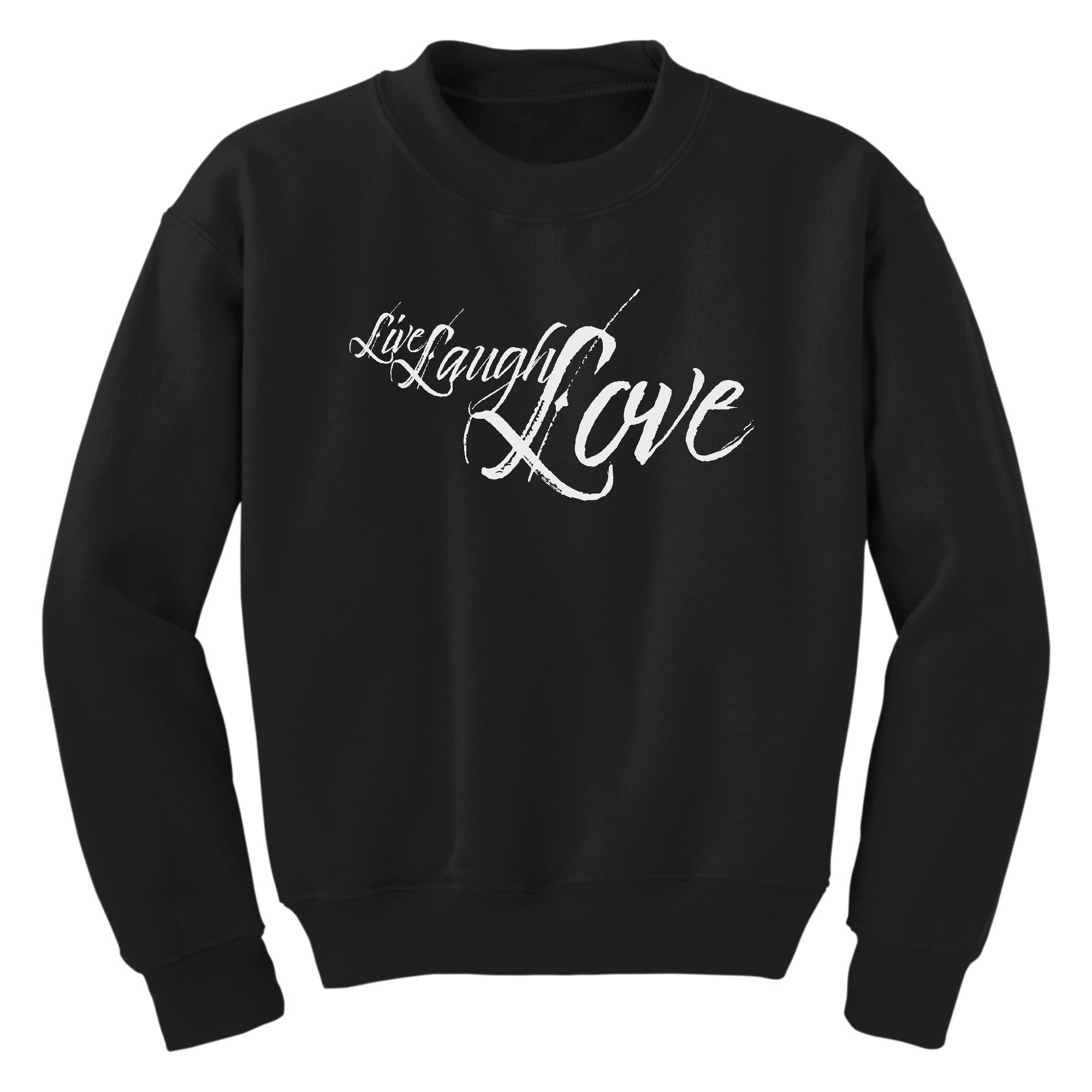 Light grey youth graphic sweatshirt with 'Live Laugh Love' illustration, featuring long sleeves and ribbed collar.