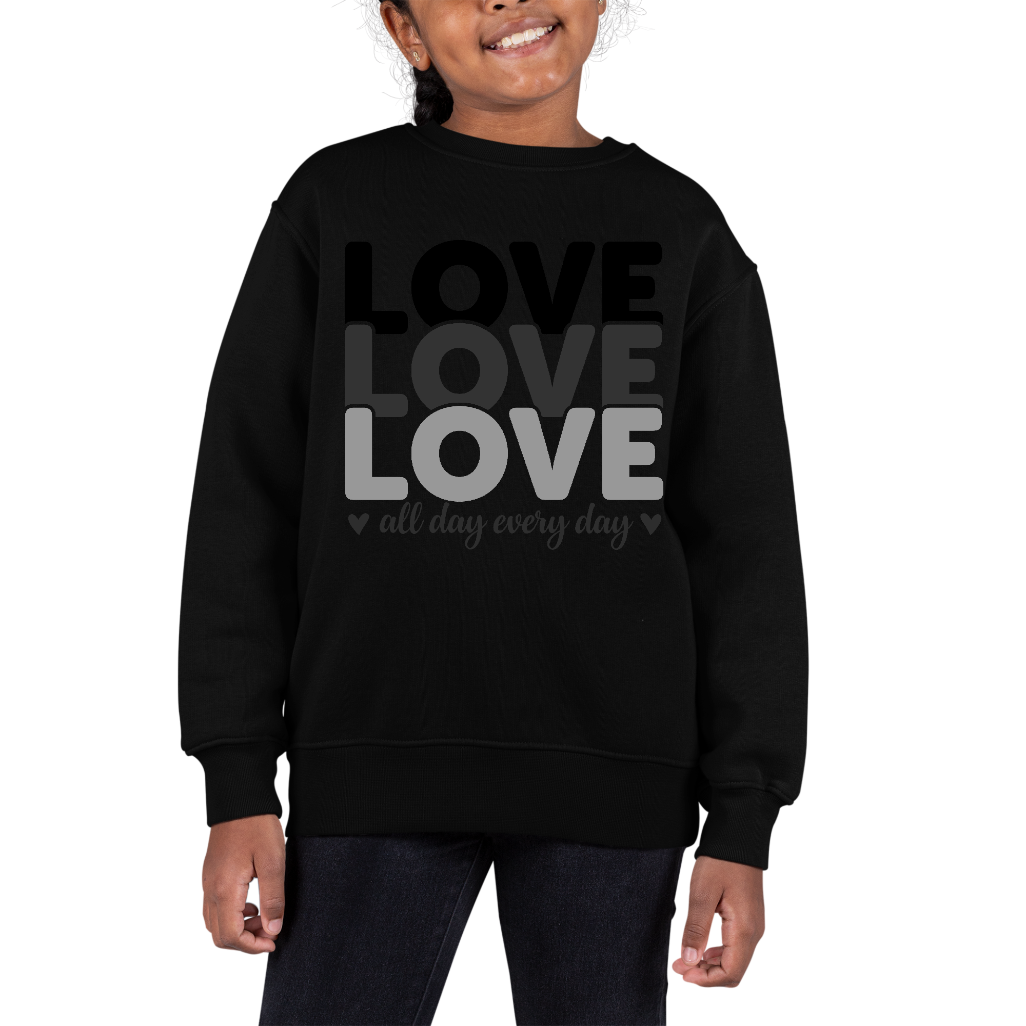 Youth Graphic Sweatshirt in black featuring 'Love All Day Every Day' print, designed for comfort and durability.
