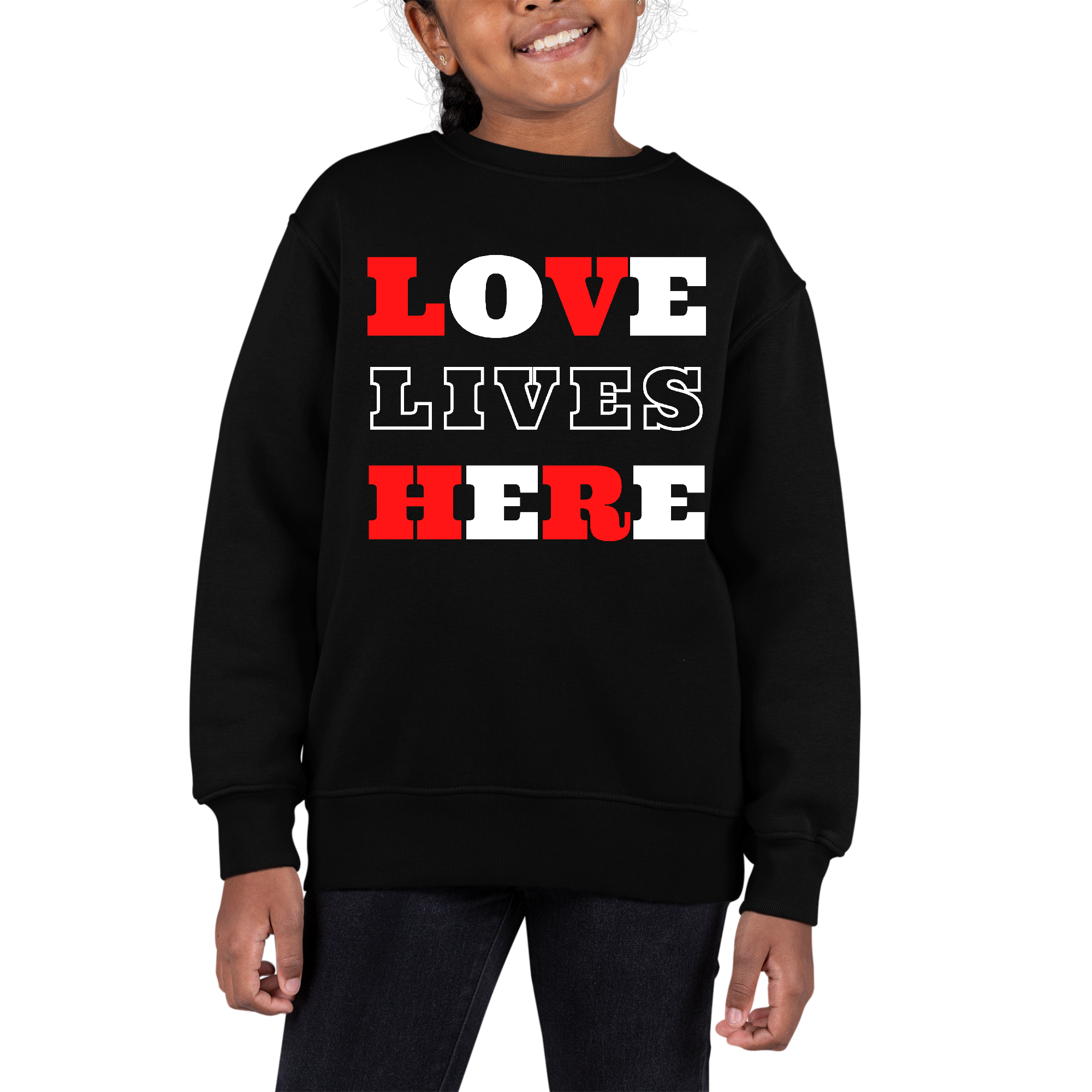 Youth graphic sweatshirt featuring 'Love Lives Here' text, designed for girls with long sleeves and a comfortable fit.