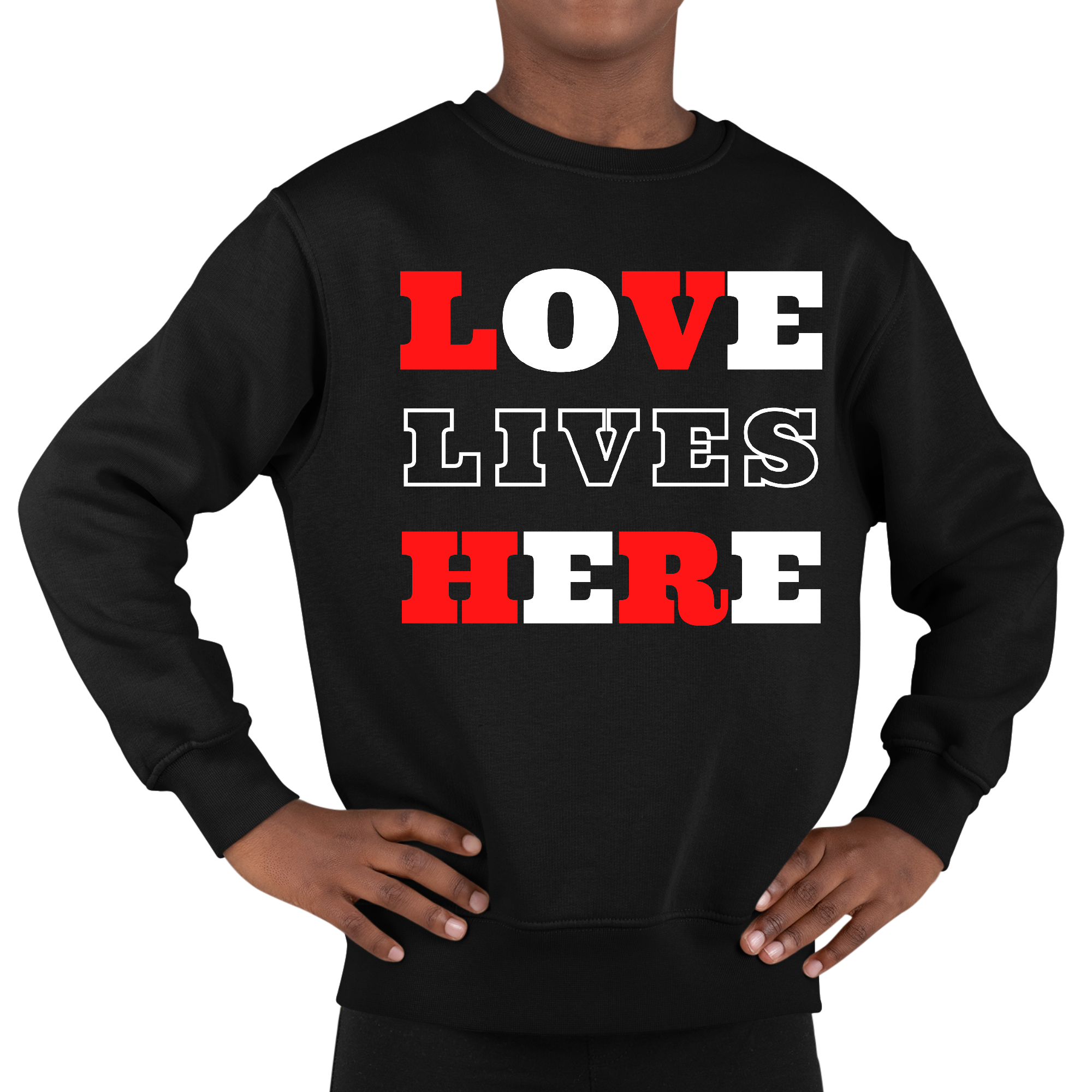 Youth graphic sweatshirt with 'Love Lives Here' Christian message, featuring long sleeves and ribbed collar.