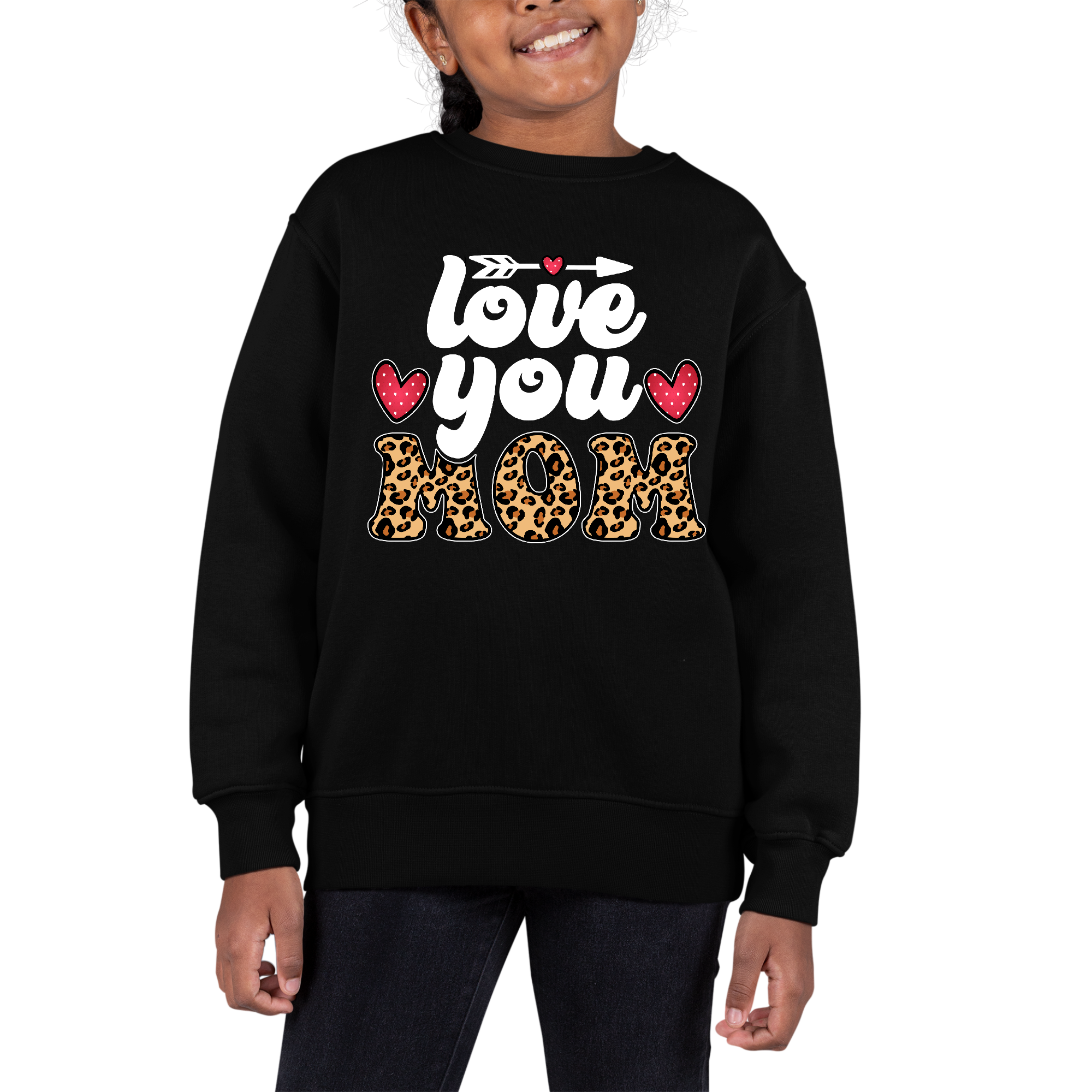 Youth graphic sweatshirt featuring 'Love You Mom' text and leopard print design, perfect for Mother's Day gifts.