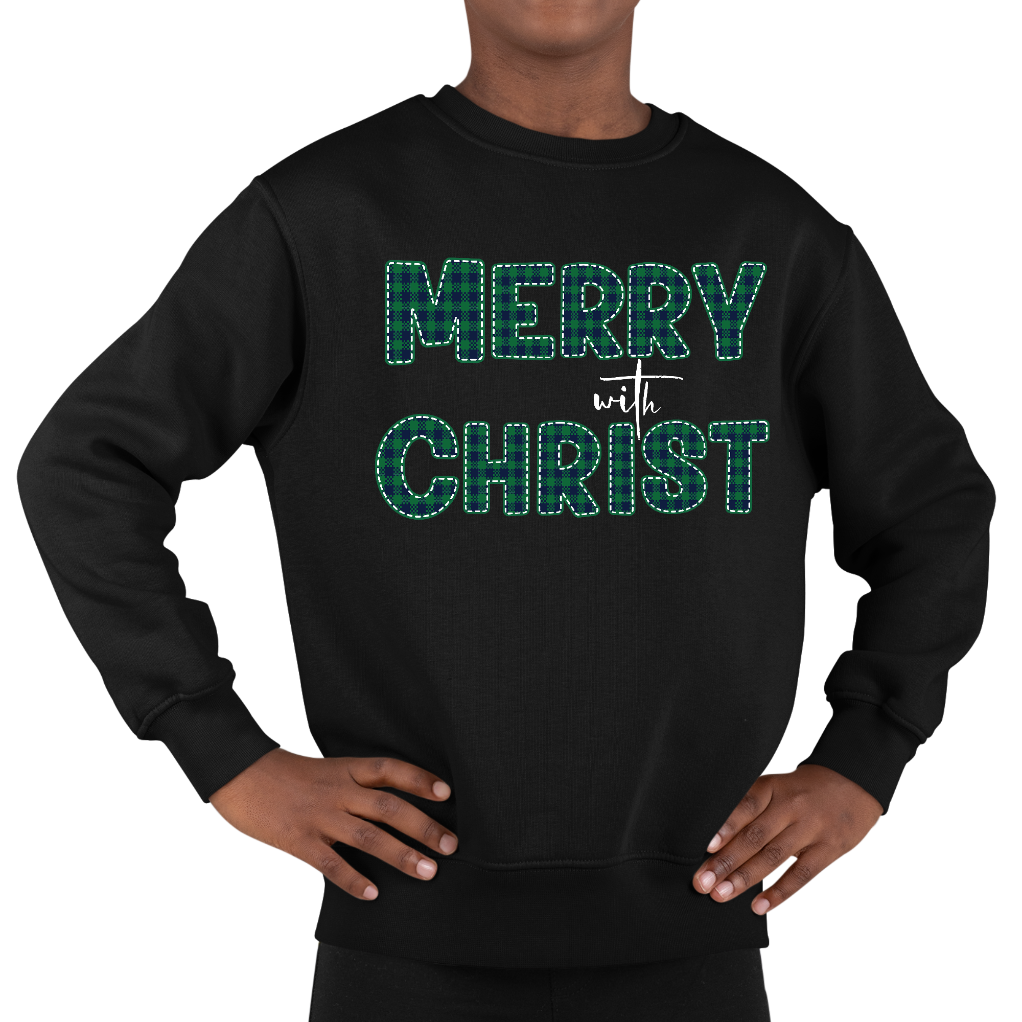Youth Graphic Sweatshirt Merry with Christ in green plaid, featuring a festive design perfect for Christmas celebrations.