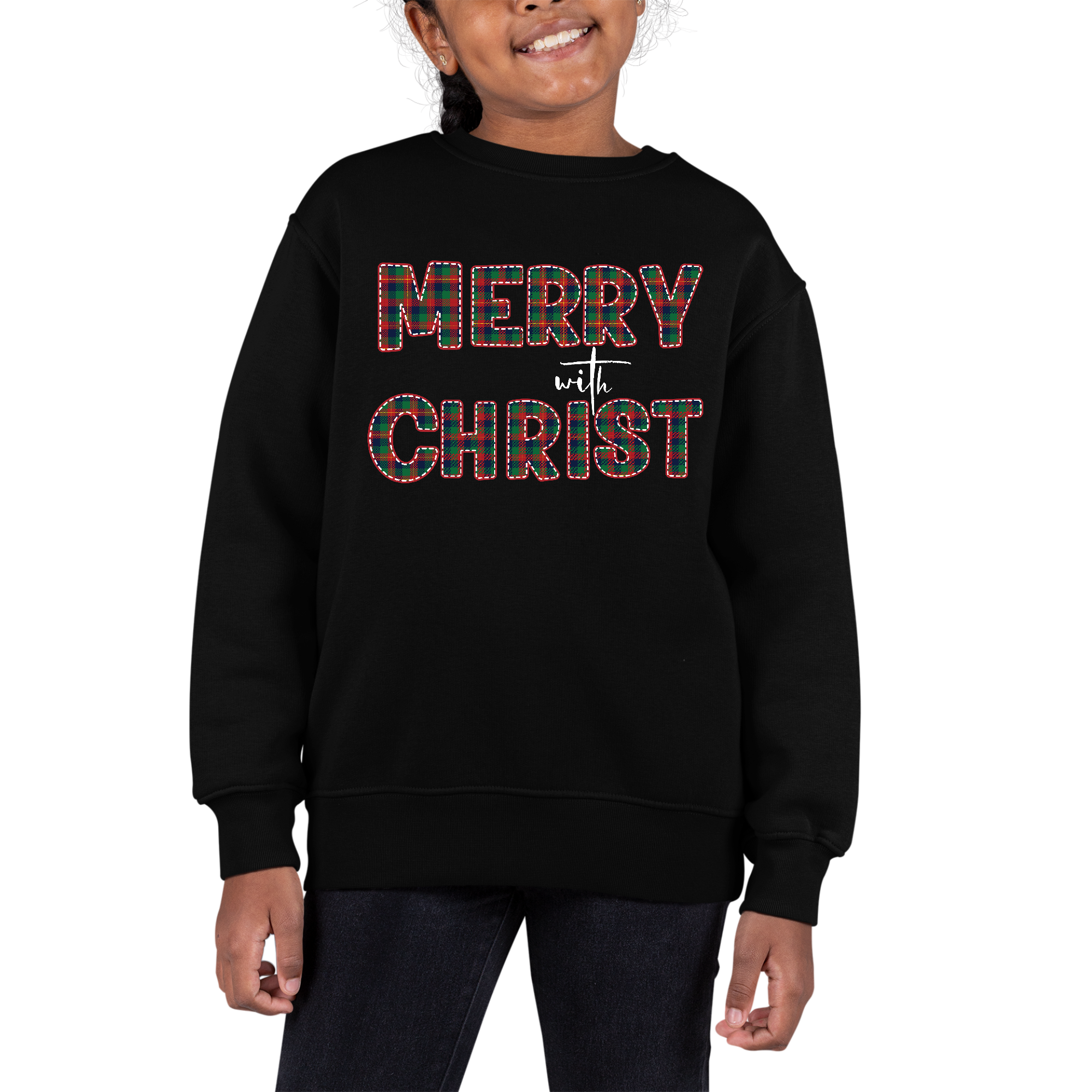 Youth graphic sweatshirt in red and green plaid featuring 'Merry with Christ' design, perfect for festive occasions.