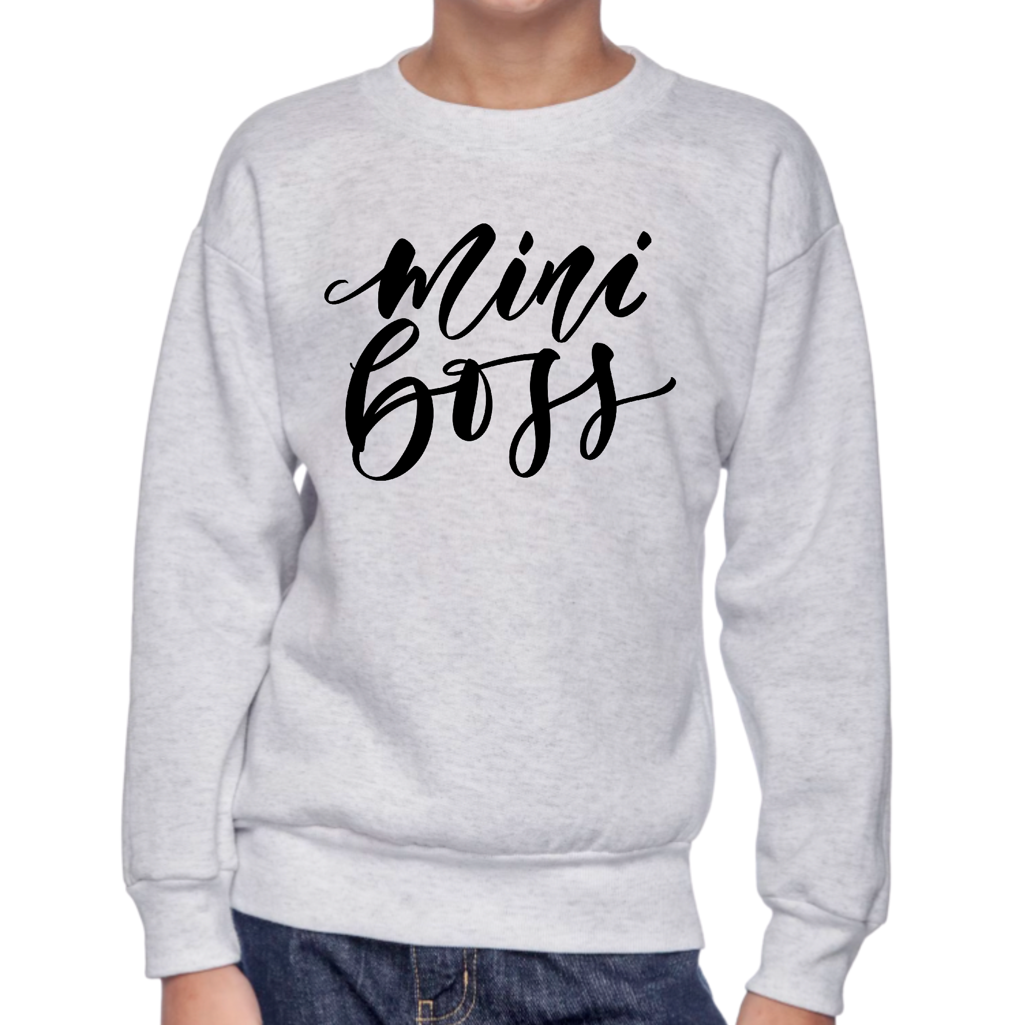 Youth Graphic Sweatshirt featuring a Mini Boss black illustration, showcasing a stylish and comfortable design for boys.