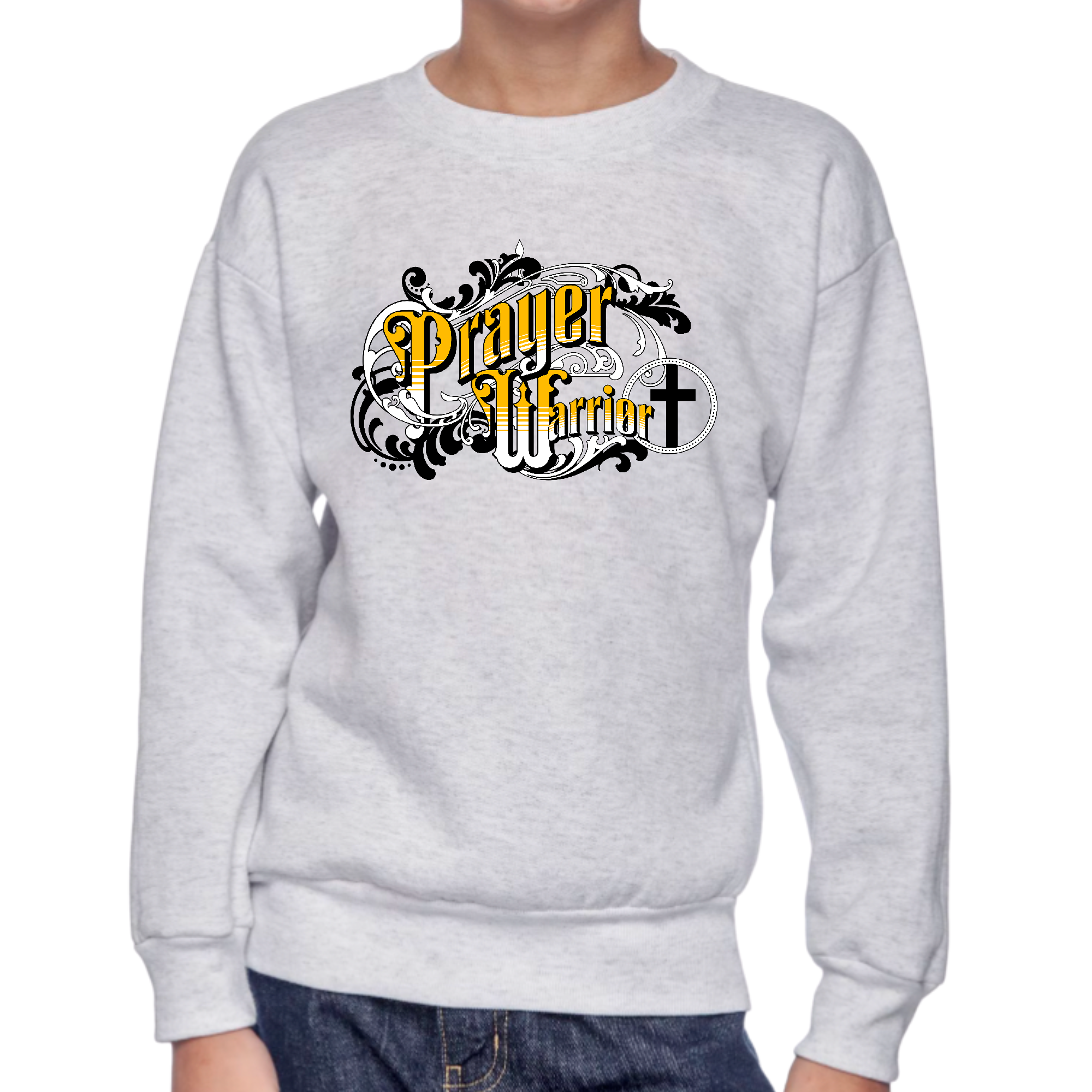 Youth Graphic Sweatshirt with Prayer Warrior Victorian Style illustration, featuring long sleeves and ribbed collar.