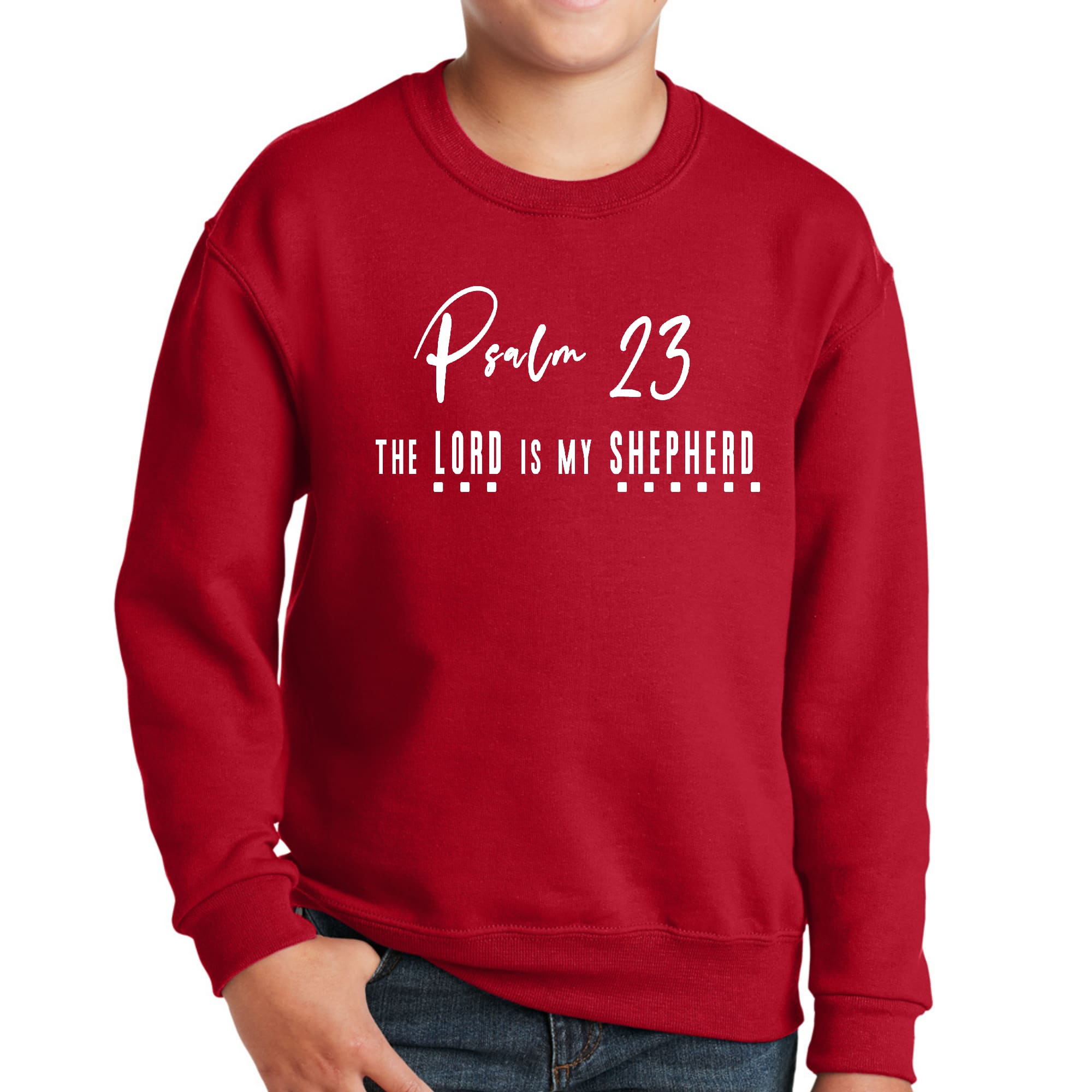 Youth graphic sweatshirt featuring Psalm 23, 'The Lord is my Shepherd', with a white print on a durable fabric.