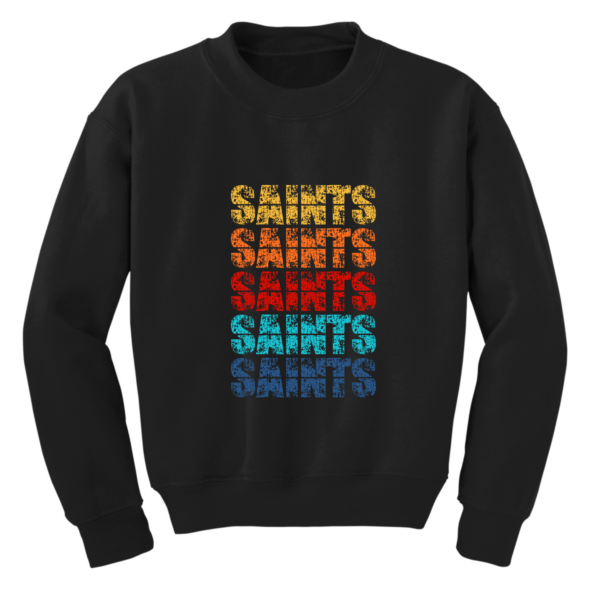 Youth Graphic Sweatshirt featuring a colorful Saints art illustration, showcasing vibrant colors and a comfortable crewneck design.