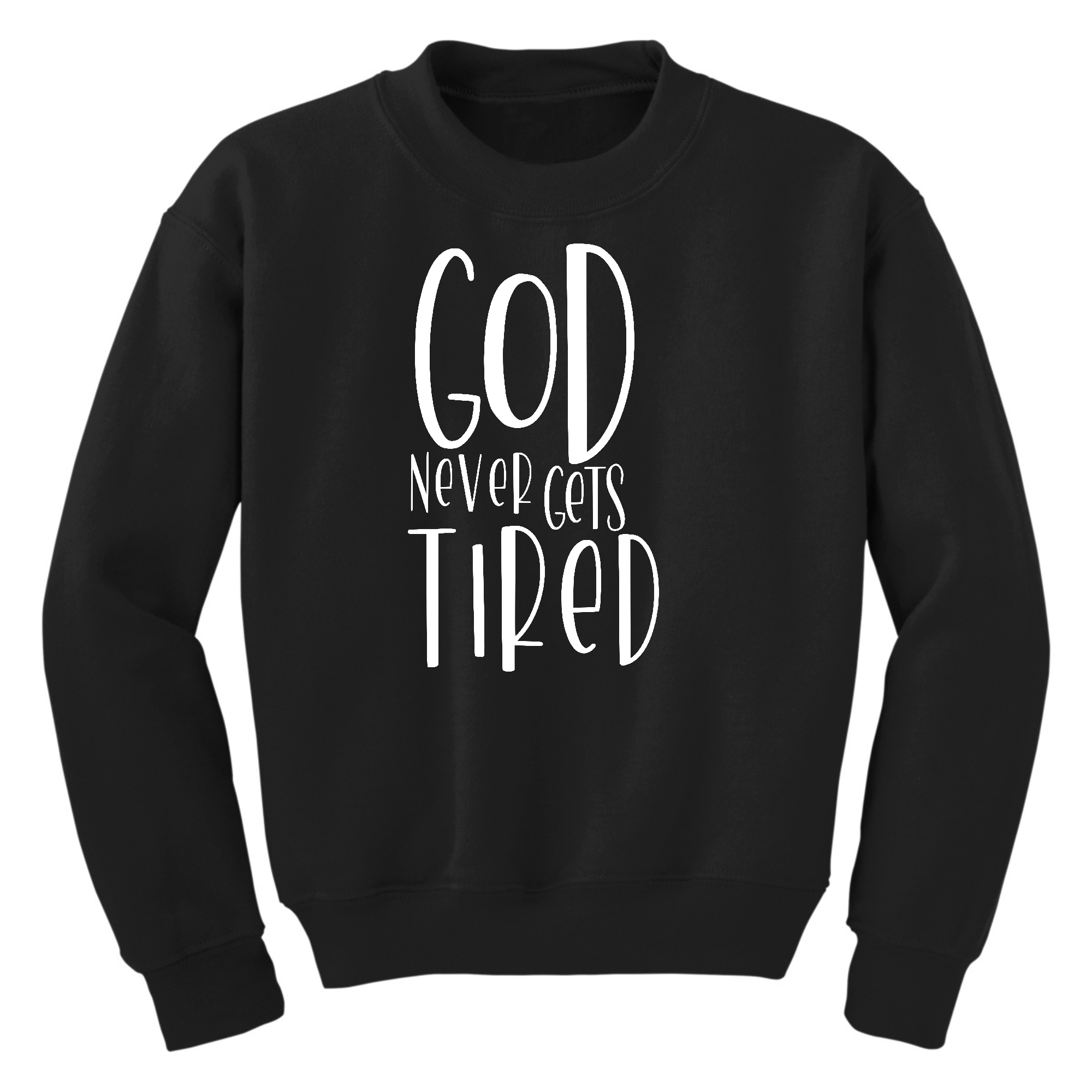 Youth graphic sweatshirt featuring 'God Never Gets Tired' design, long sleeves, and ribbed collar.