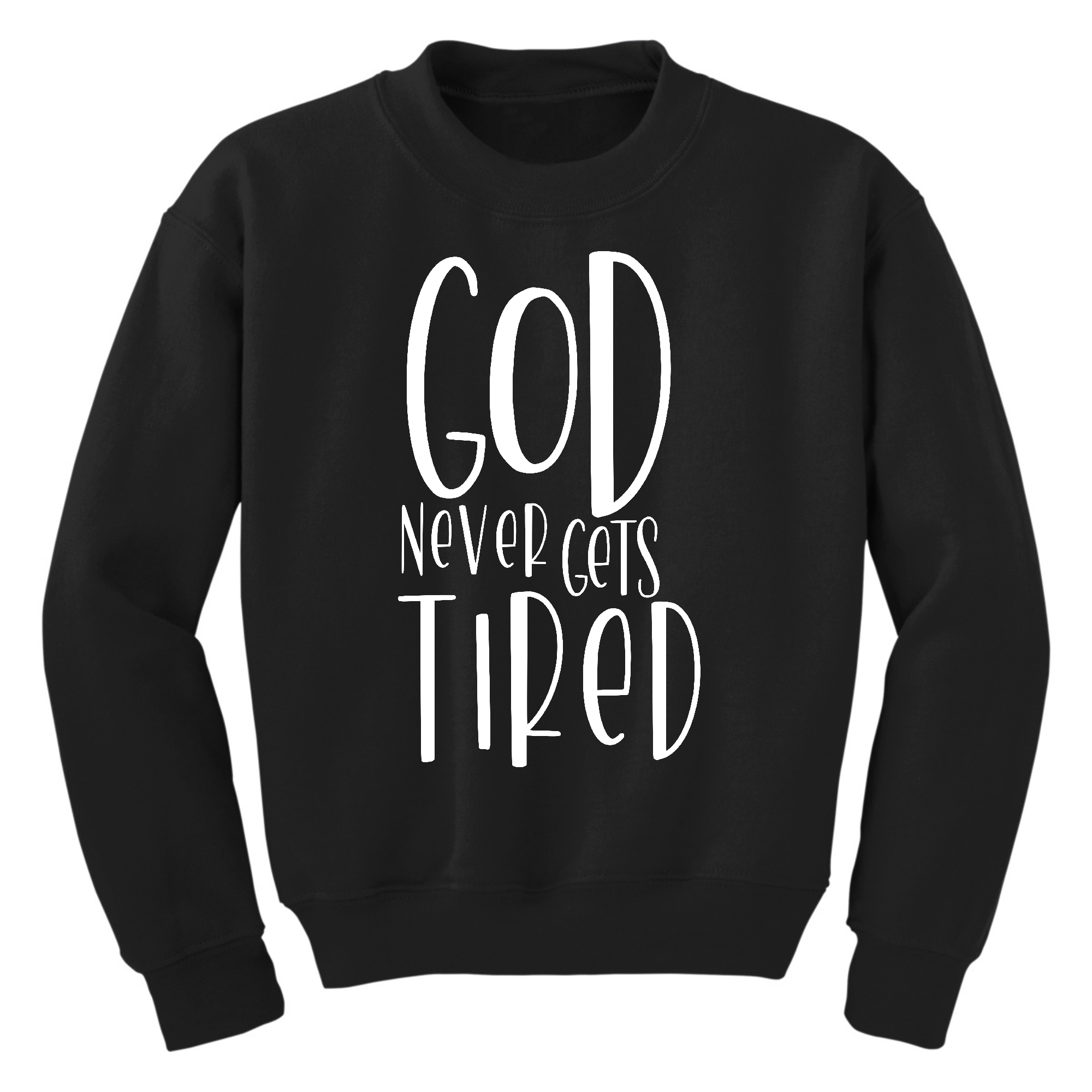 Youth graphic sweatshirt featuring 'God Never Gets Tired' design, made from a durable cotton/polyester blend with ribbed collar and cuffs.