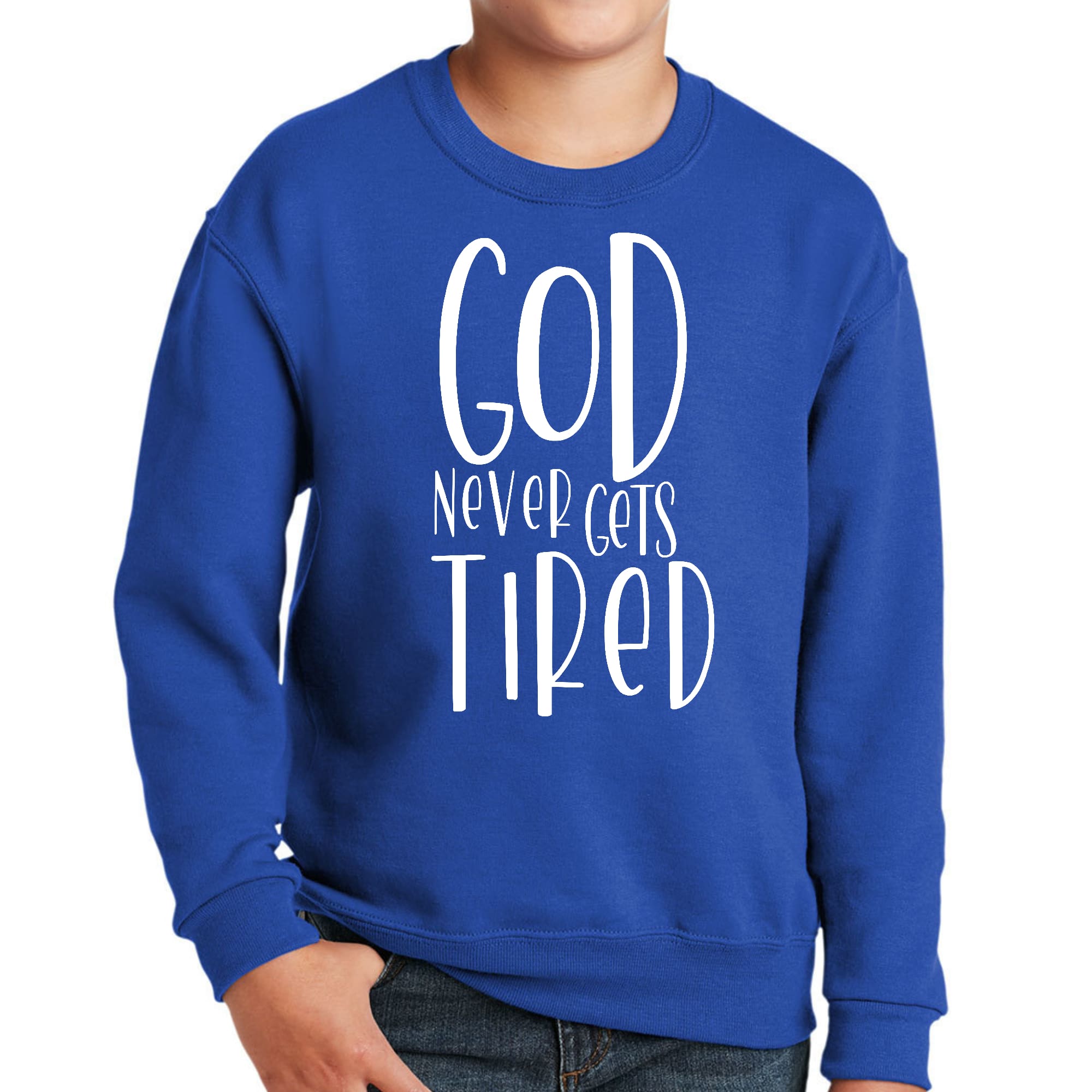 Youth graphic sweatshirt featuring 'God Never Gets Tired' design, made from a durable cotton/polyester blend with ribbed collar and cuffs.
