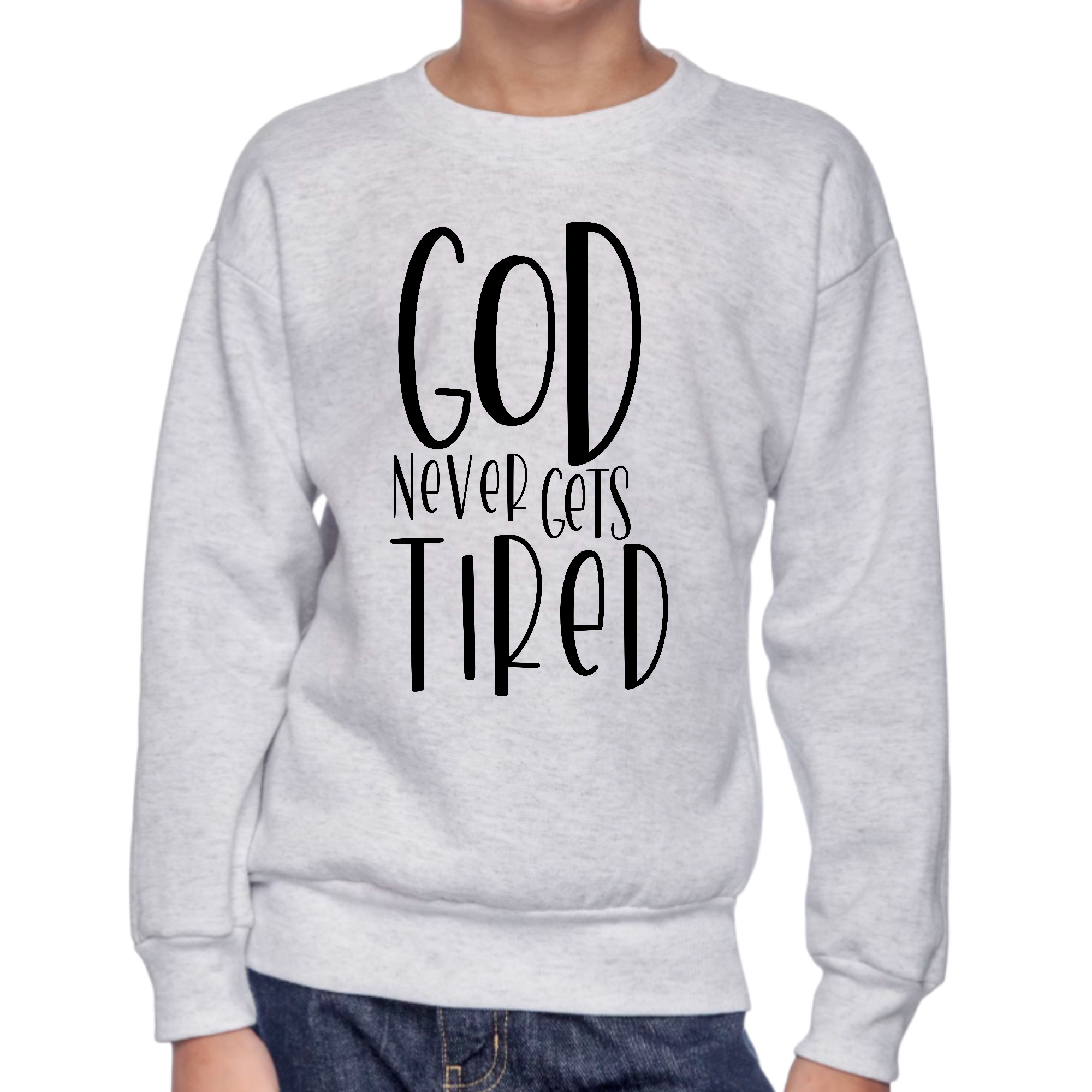 Youth Graphic Sweatshirt in black featuring the inspirational quote 'God Never Gets Tired' designed for boys.