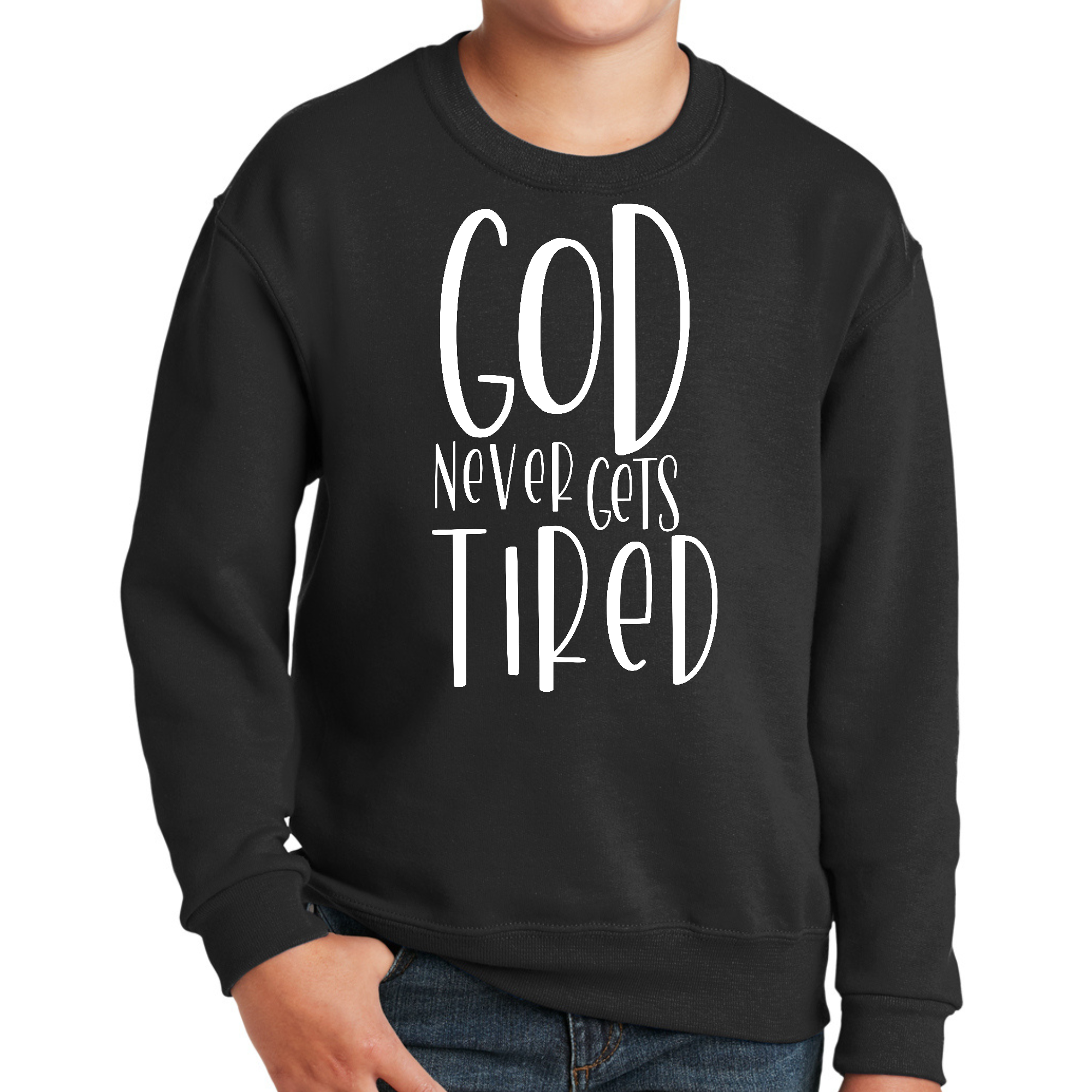 Youth graphic sweatshirt featuring 'God Never Gets Tired' design, showcasing a comfortable crewneck style with long sleeves.