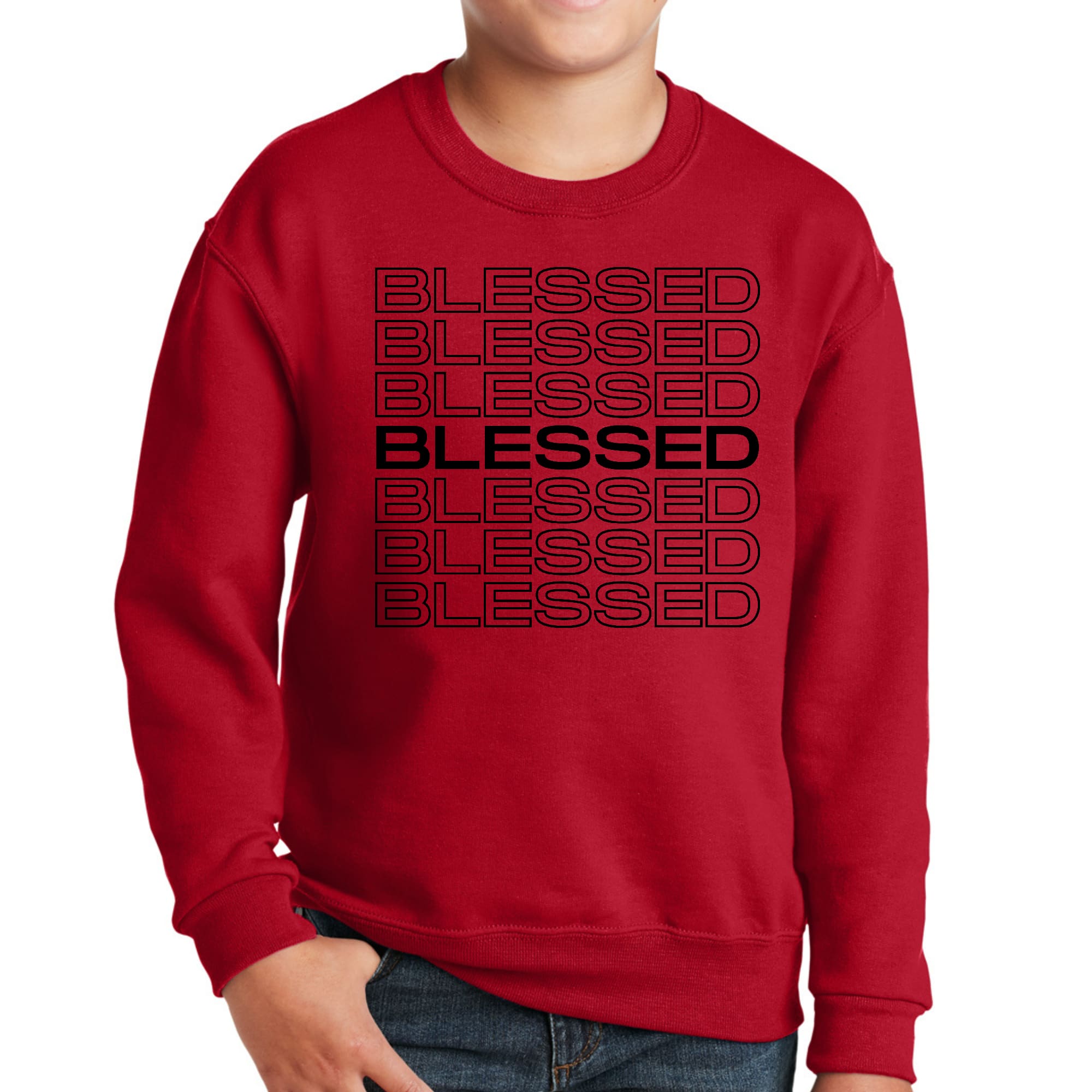 Black Youth Graphic Sweatshirt featuring Stacked Blessed Print, showcasing a comfortable crewneck design with ribbed details.