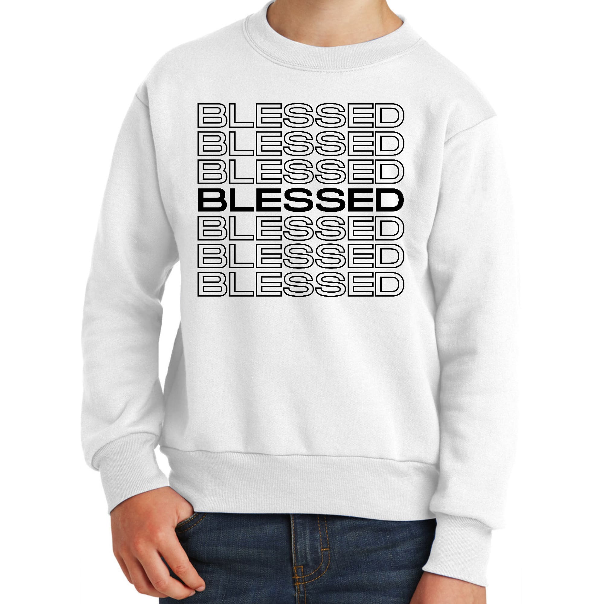 Black Youth Graphic Sweatshirt featuring Stacked Blessed Print, showcasing a comfortable crewneck design with ribbed details.
