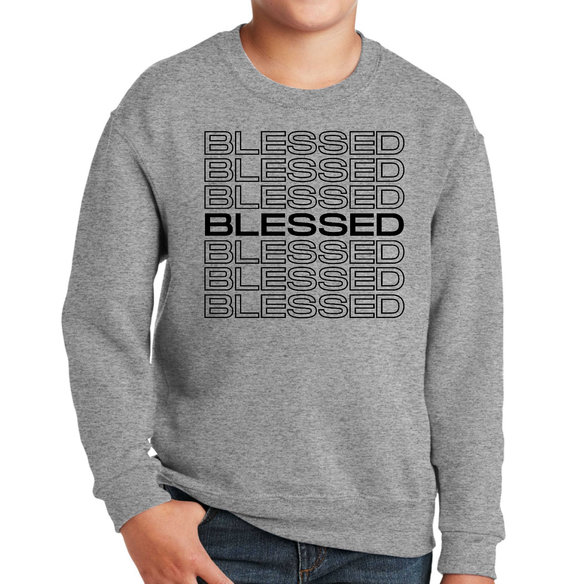 Black Youth Graphic Sweatshirt featuring Stacked Blessed Print, showcasing a comfortable crewneck design with ribbed details.