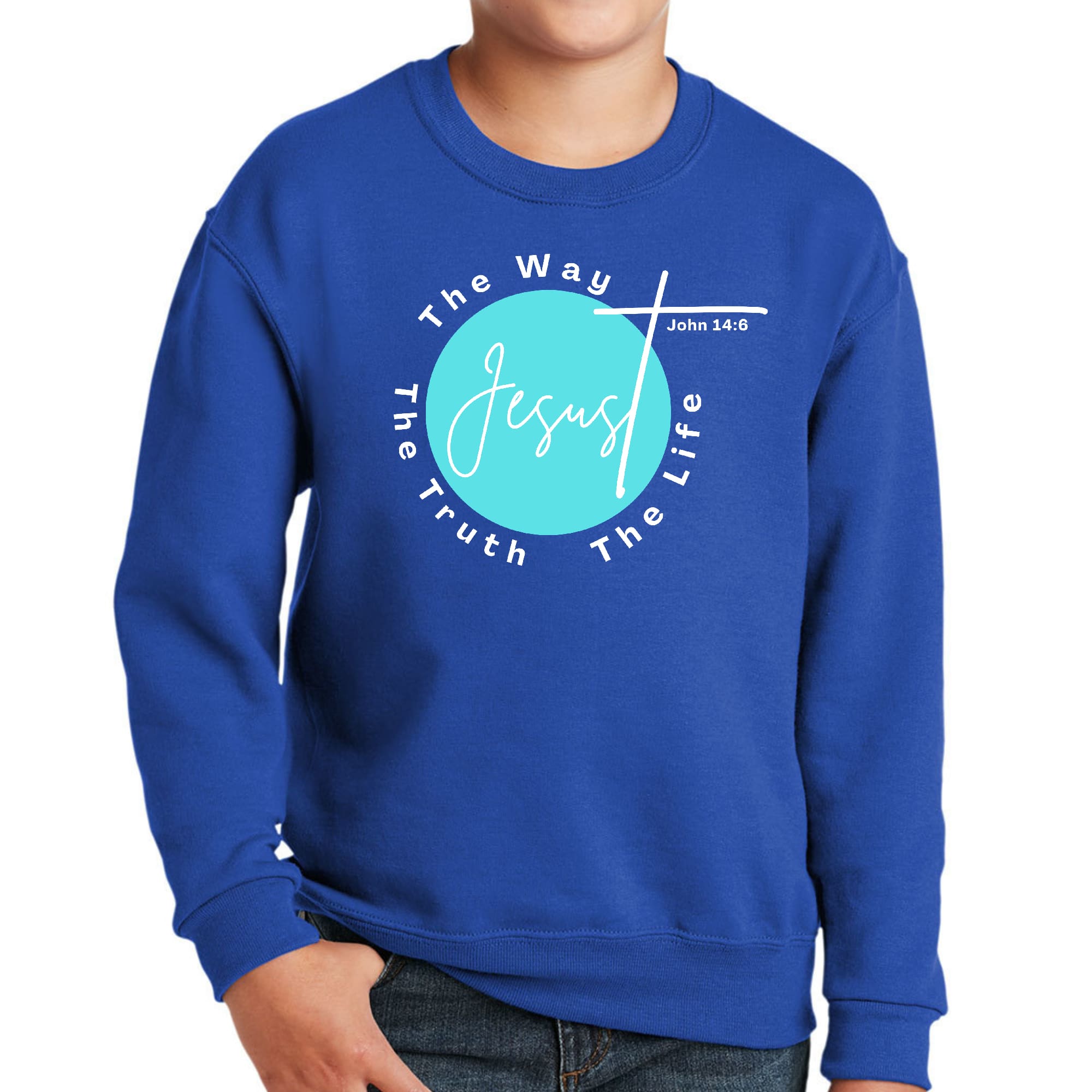Youth Graphic Sweatshirt in cyan blue with white text 'The Truth The Way The Life', featuring a comfortable crewneck and long sleeves.
