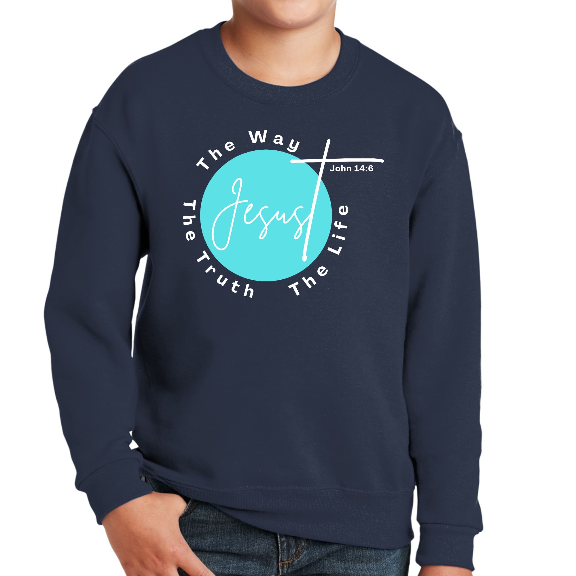 Youth Graphic Sweatshirt in cyan blue with white text 'The Truth The Way The Life', featuring a comfortable crewneck and long sleeves.