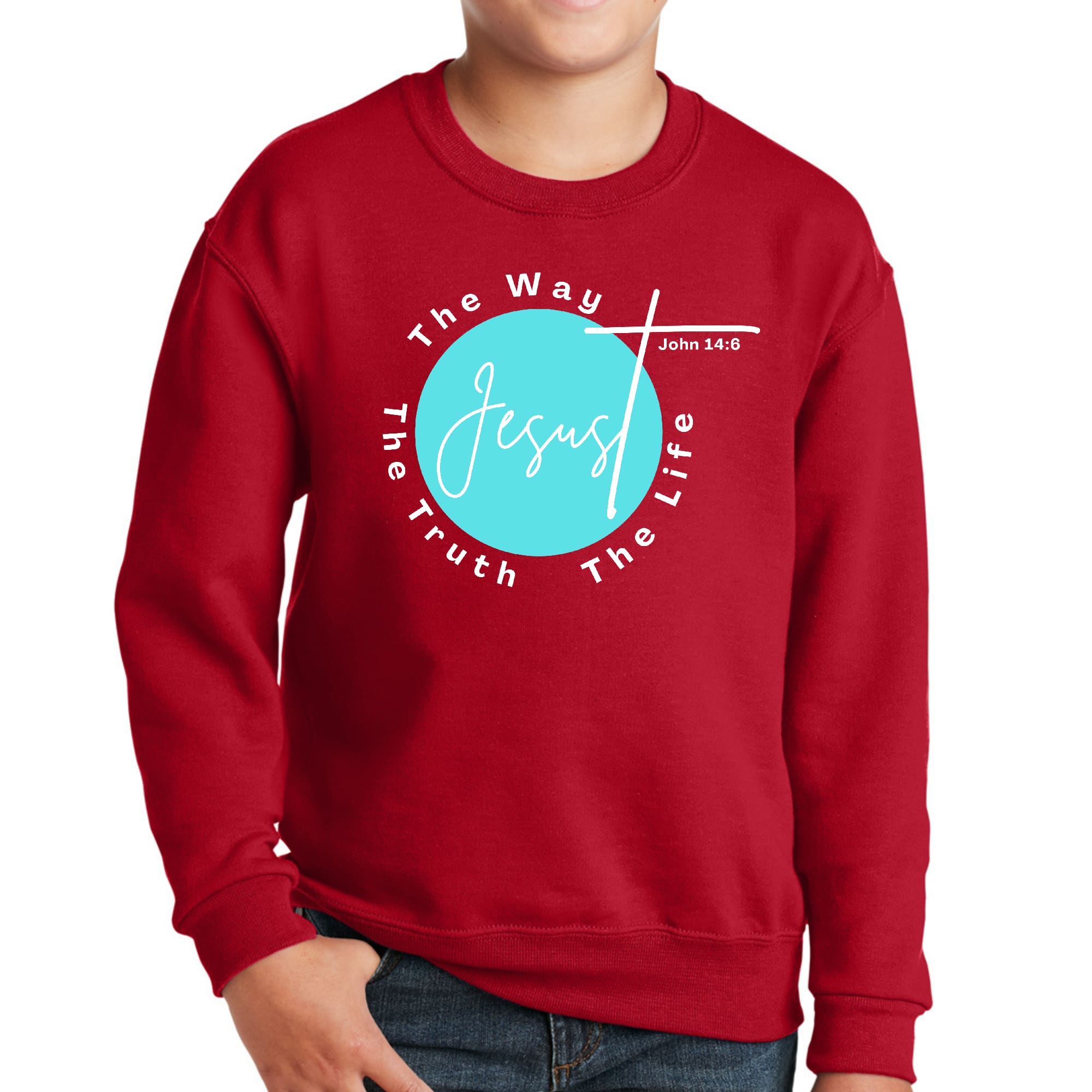 Youth Graphic Sweatshirt in cyan blue with white text 'The Truth The Way The Life', featuring a comfortable crewneck and long sleeves.