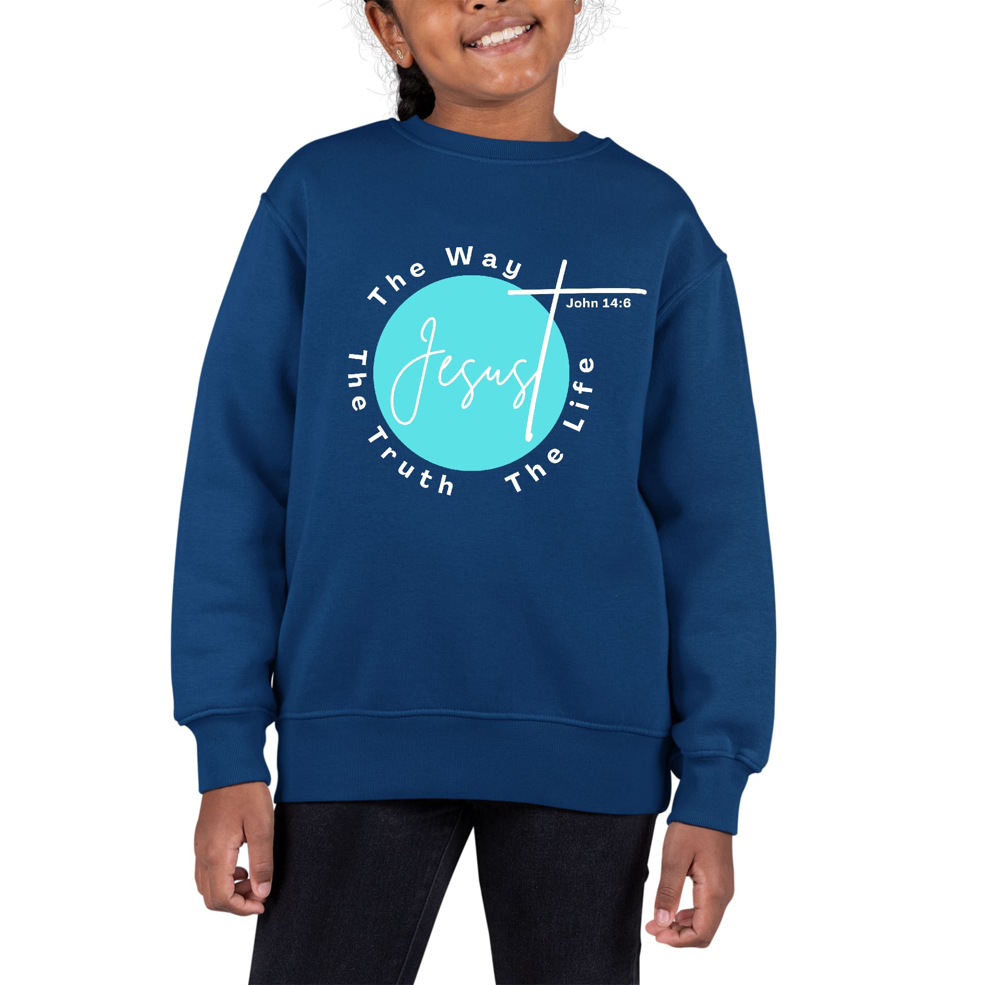 Youth Graphic Sweatshirt in cyan blue with white text 'The Truth The Way The Life', featuring long sleeves and a crewneck design.
