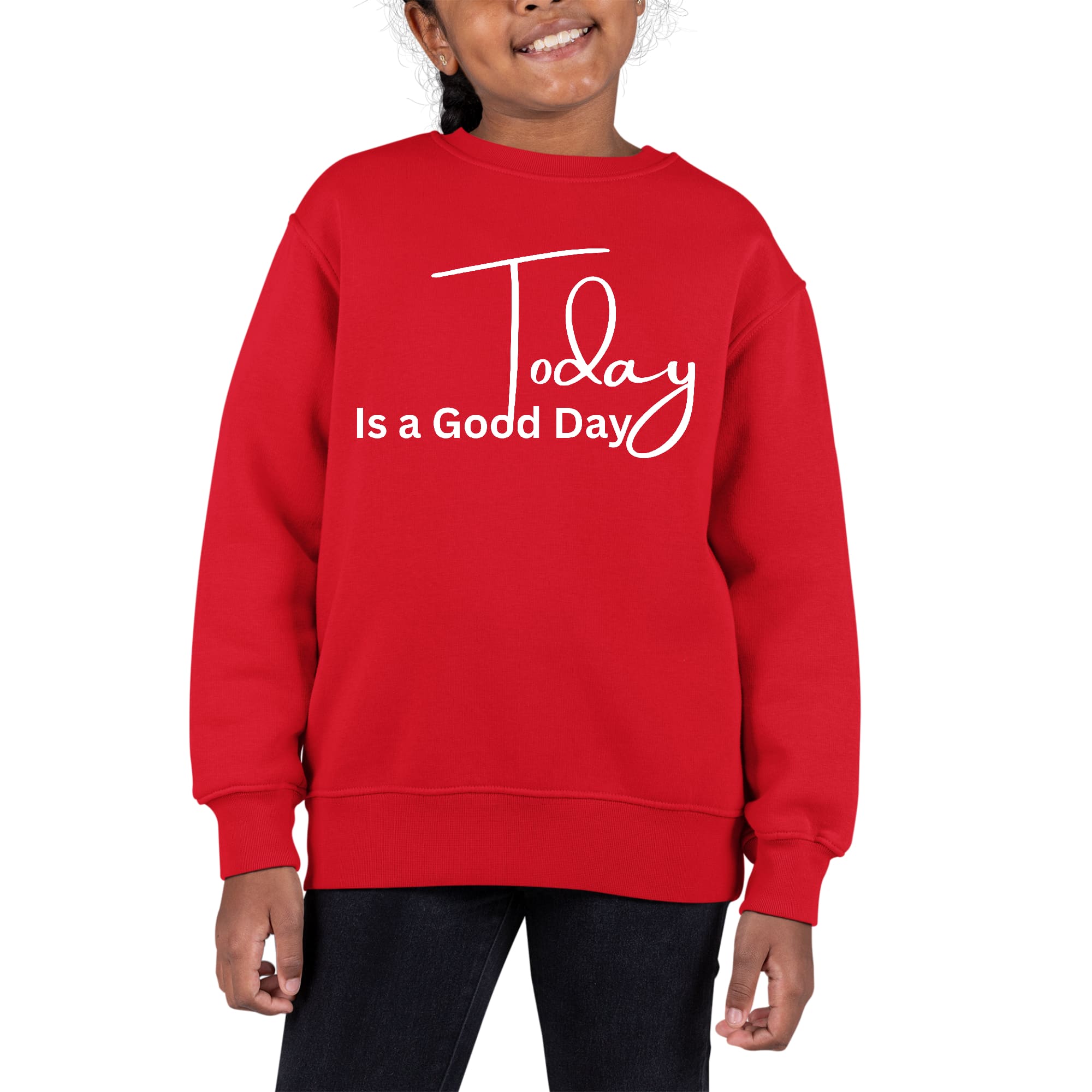 Youth Graphic Sweatshirt featuring 'Today is a Good Day' print, long sleeves, and ribbed collar in a comfortable fit.