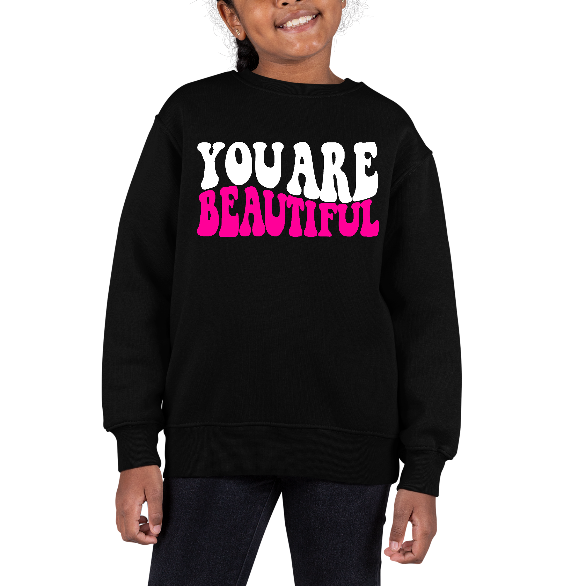 Youth Graphic Sweatshirt in pink and white with 'You Are Beautiful' affirmation, featuring long sleeves and a crewneck design.