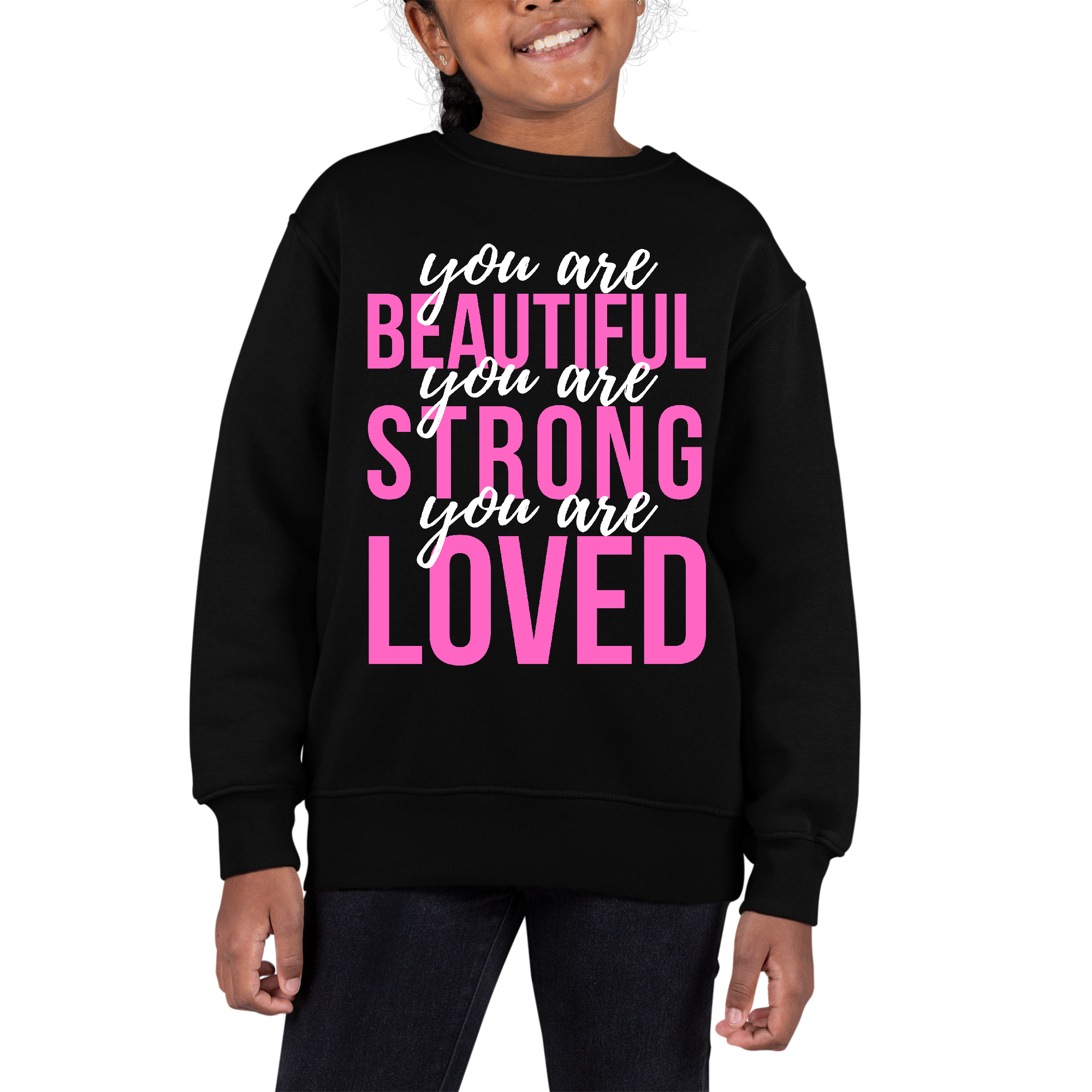 Youth Graphic Sweatshirt in pink and white featuring inspirational affirmations, designed for comfort and durability.