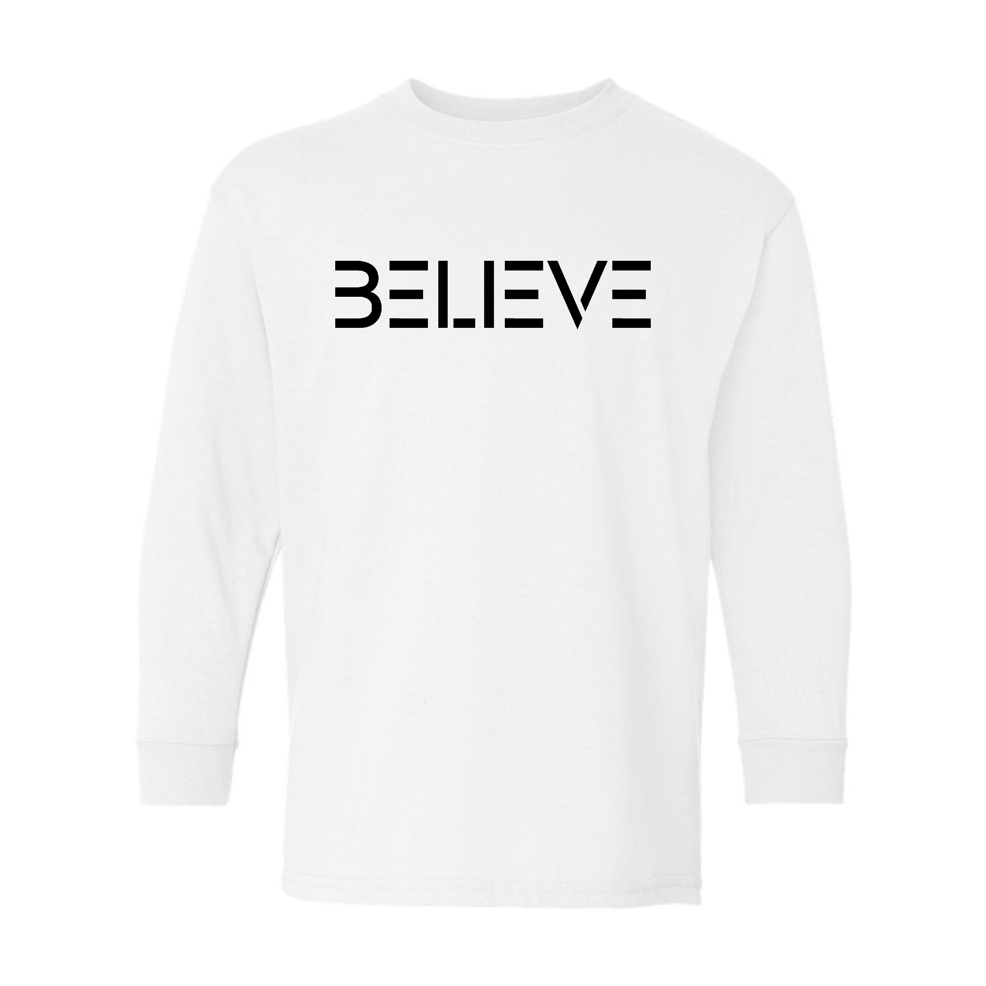Youth Long Sleeve Graphic T-shirt in black with 'Believe' print, showcasing soft cotton fabric and classic crewneck design.