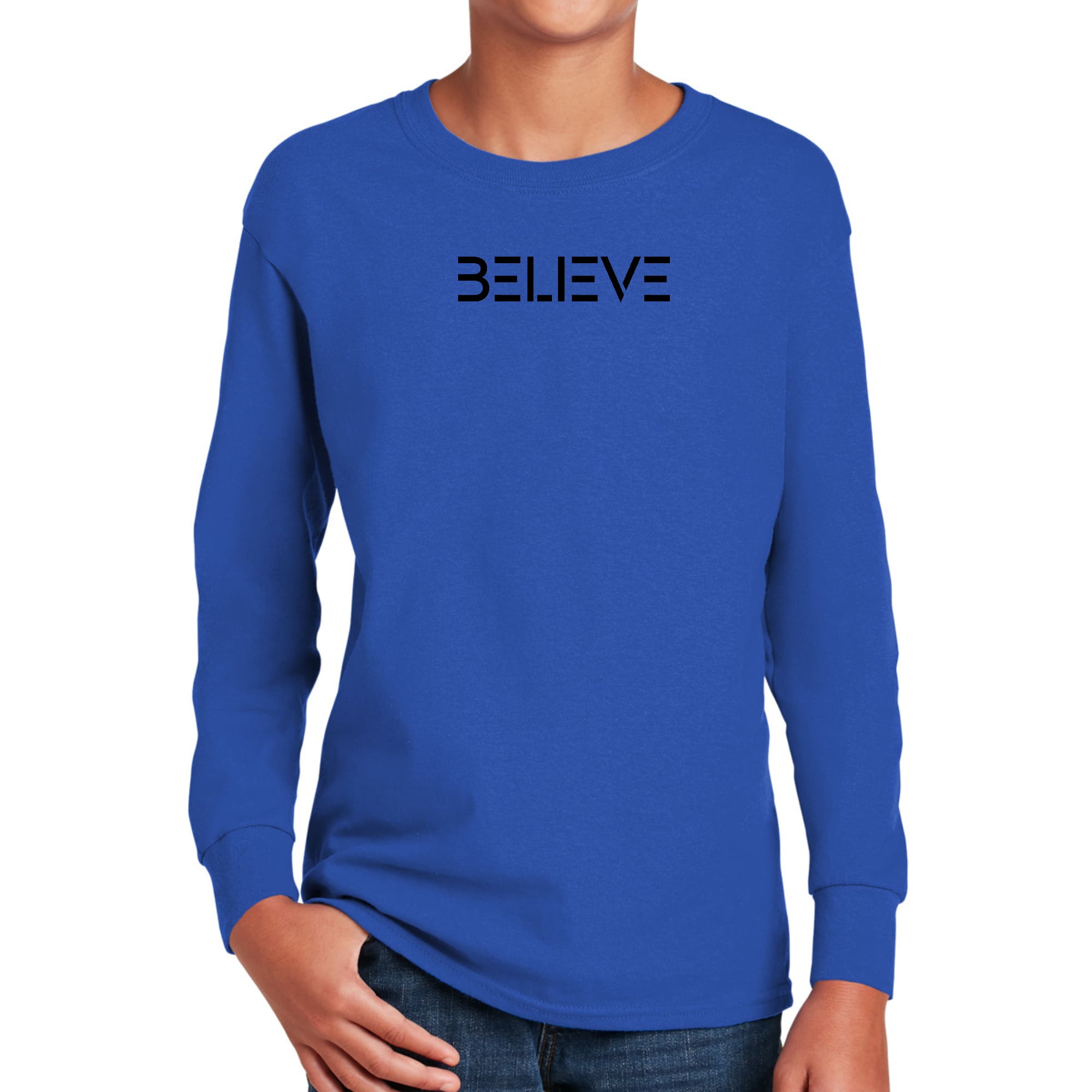 Youth Long Sleeve Graphic T-shirt in black with 'Believe' print, showcasing soft cotton fabric and classic crewneck design.