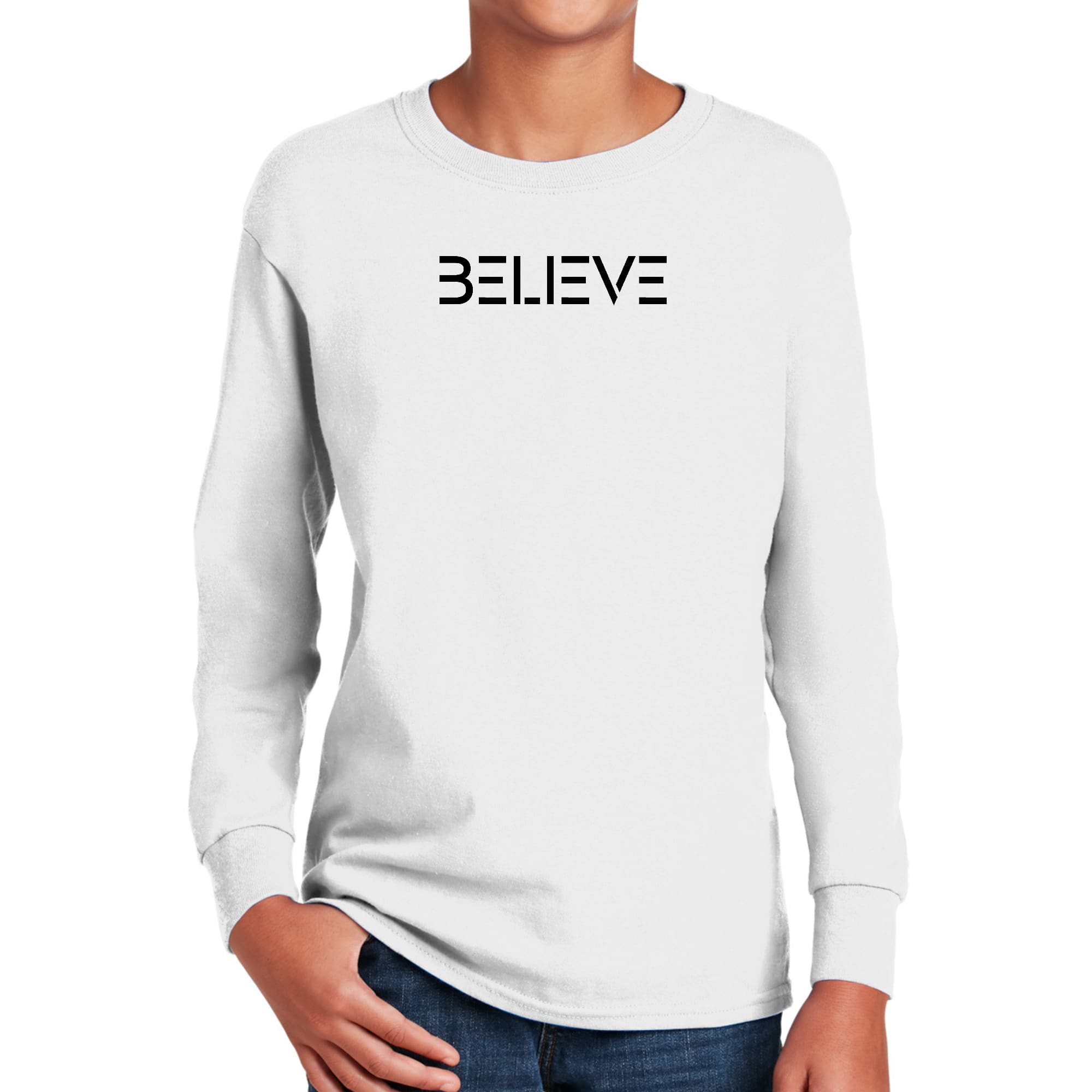 Youth Long Sleeve Graphic T-shirt in black with 'Believe' print, showcasing soft cotton fabric and classic crewneck design.
