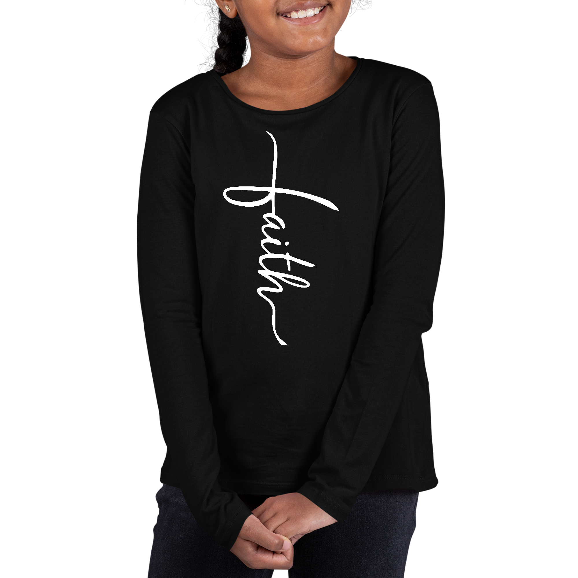 Youth Long Sleeve Graphic T-shirt featuring a Faith Script Cross Illustration, made from soft preshrunk cotton for comfort.