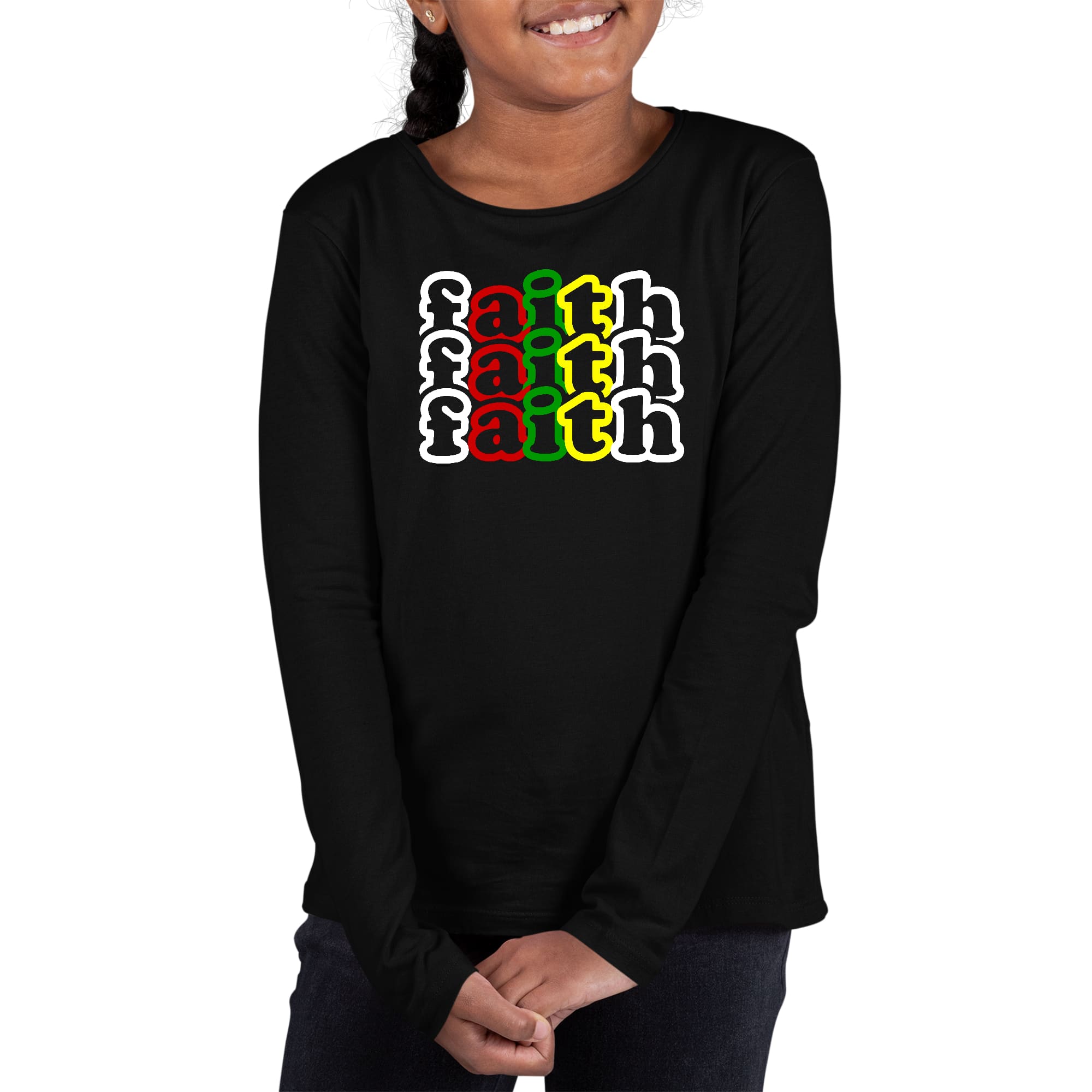 Youth Long Sleeve Graphic T-shirt with Faith Stack Multicolor Illustration, showcasing vibrant colors and inspirational design.