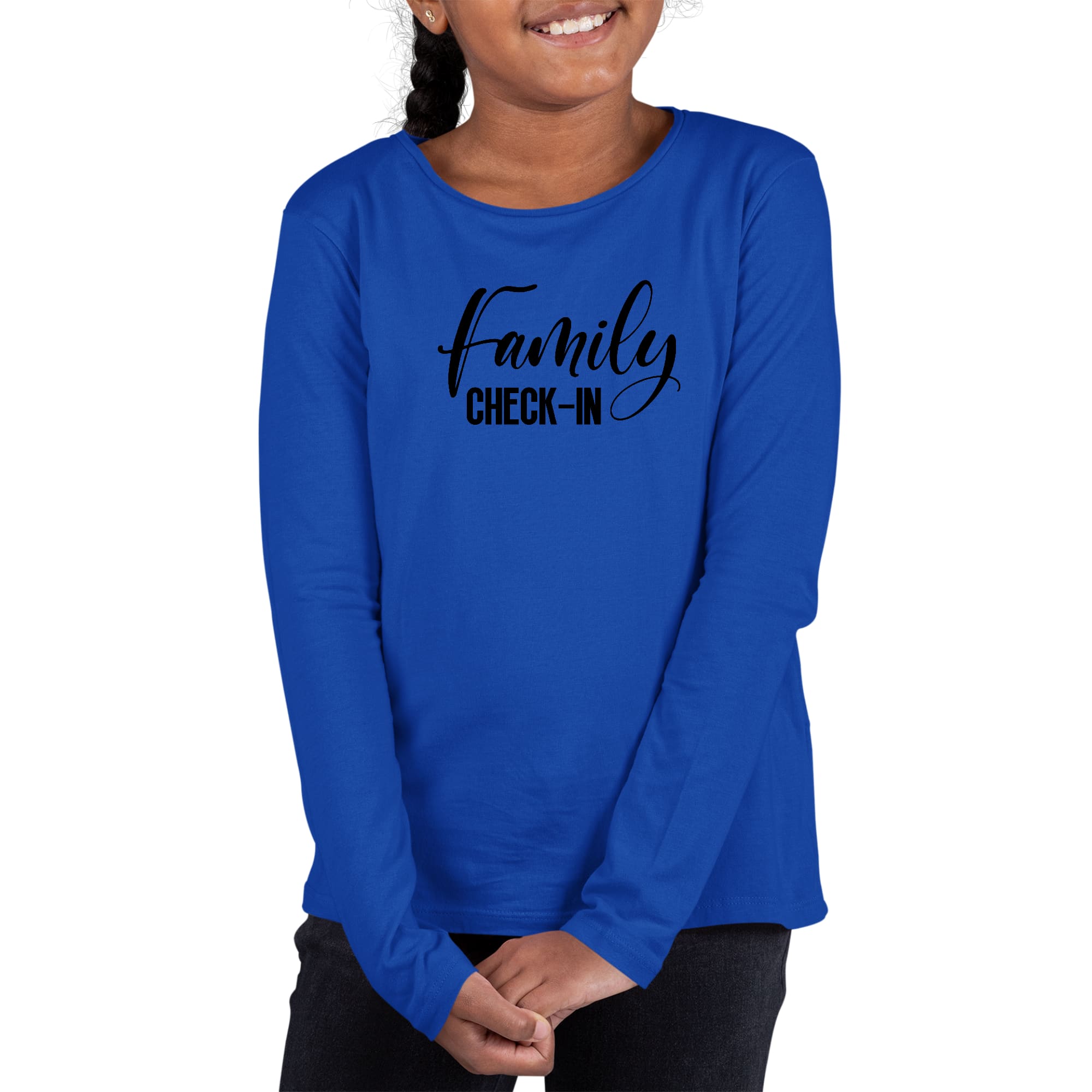 Youth Long Sleeve Graphic T-shirt featuring a Family Check-in illustration, made from soft preshrunk cotton, perfect for family gatherings.