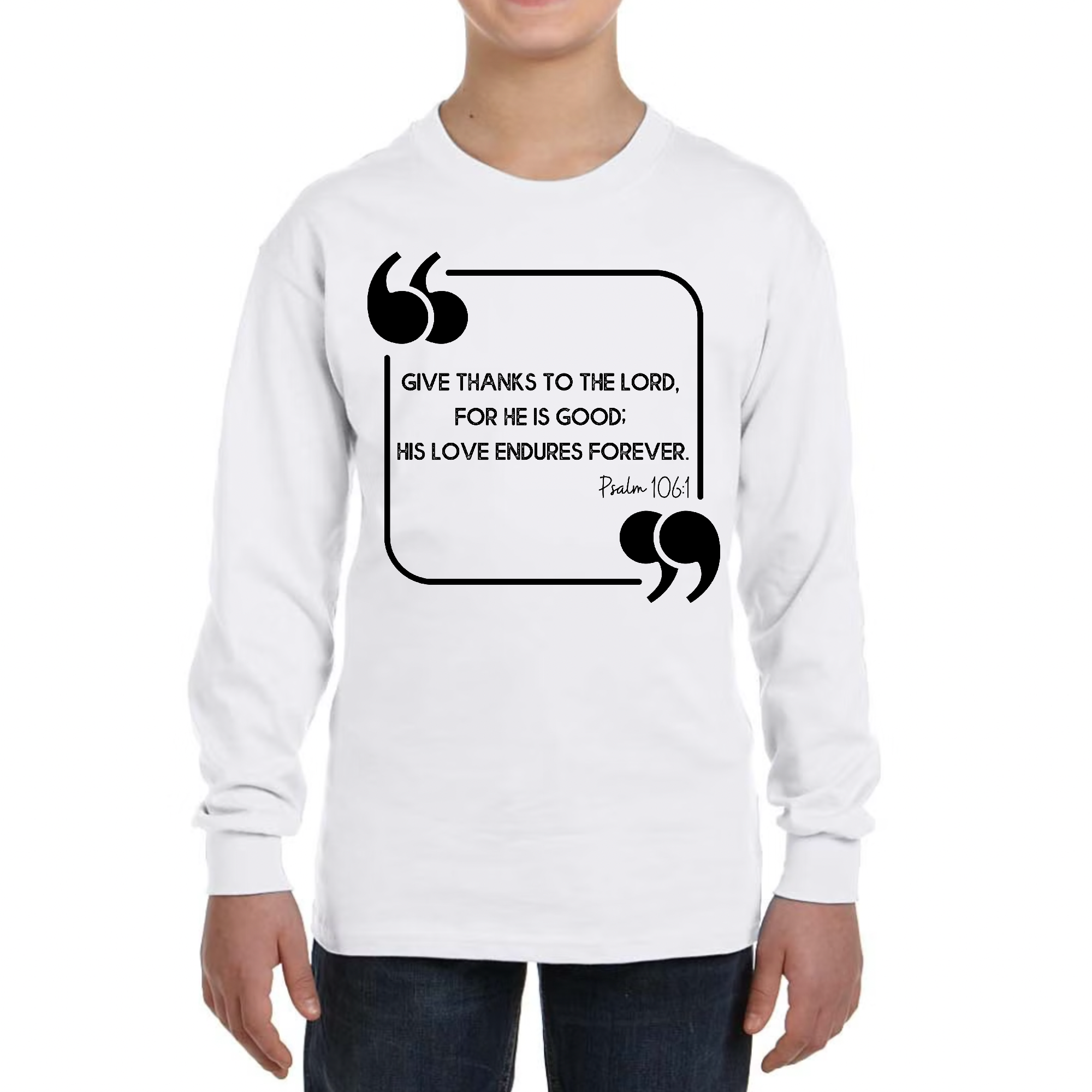 Youth Long Sleeve Graphic T-shirt in black with 'Give Thanks to the Lord' design, showcasing its soft fabric and stylish fit.