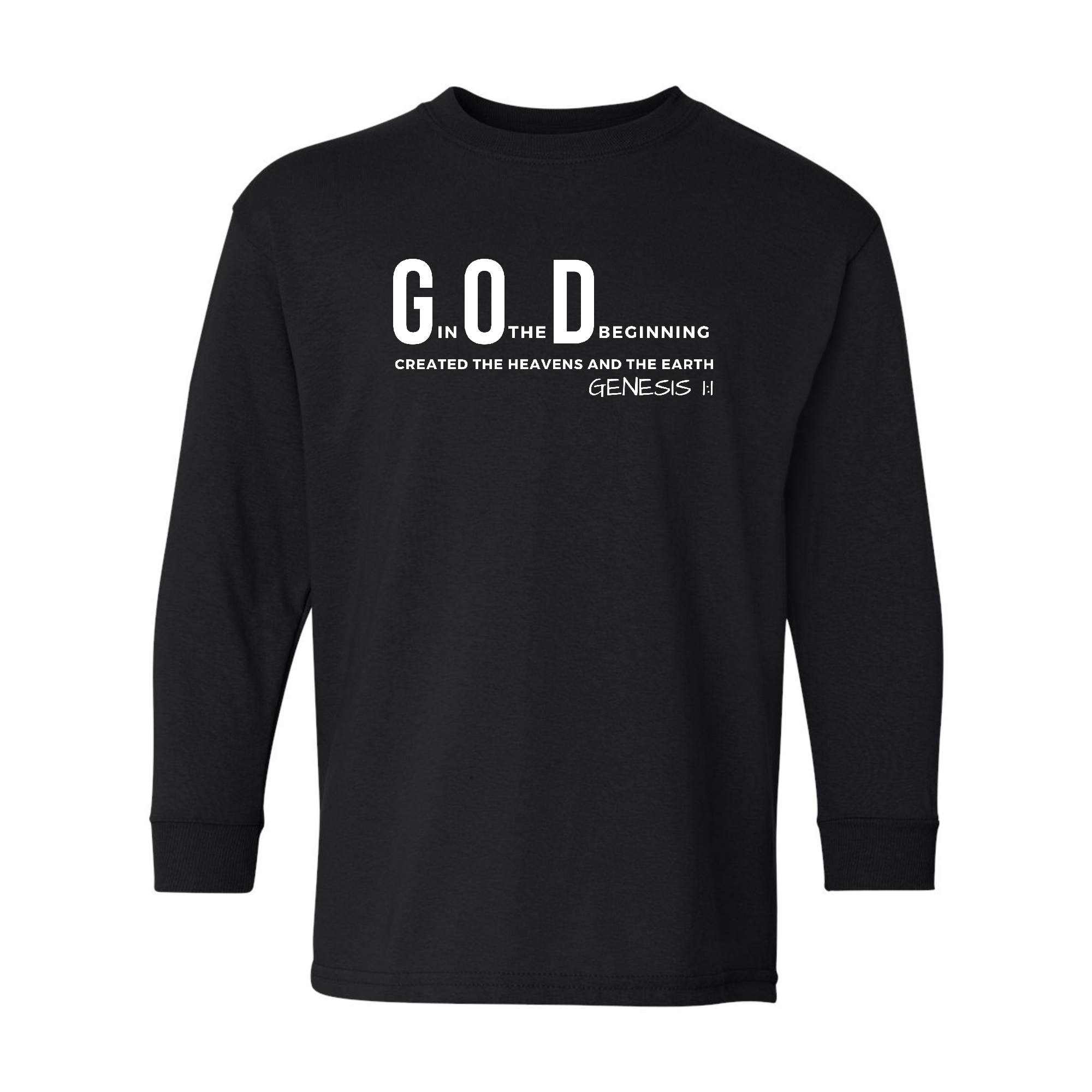 Youth Long Sleeve Graphic T-shirt with 'God in the Beginning' print, showcasing a comfortable fit and high-quality fabric.