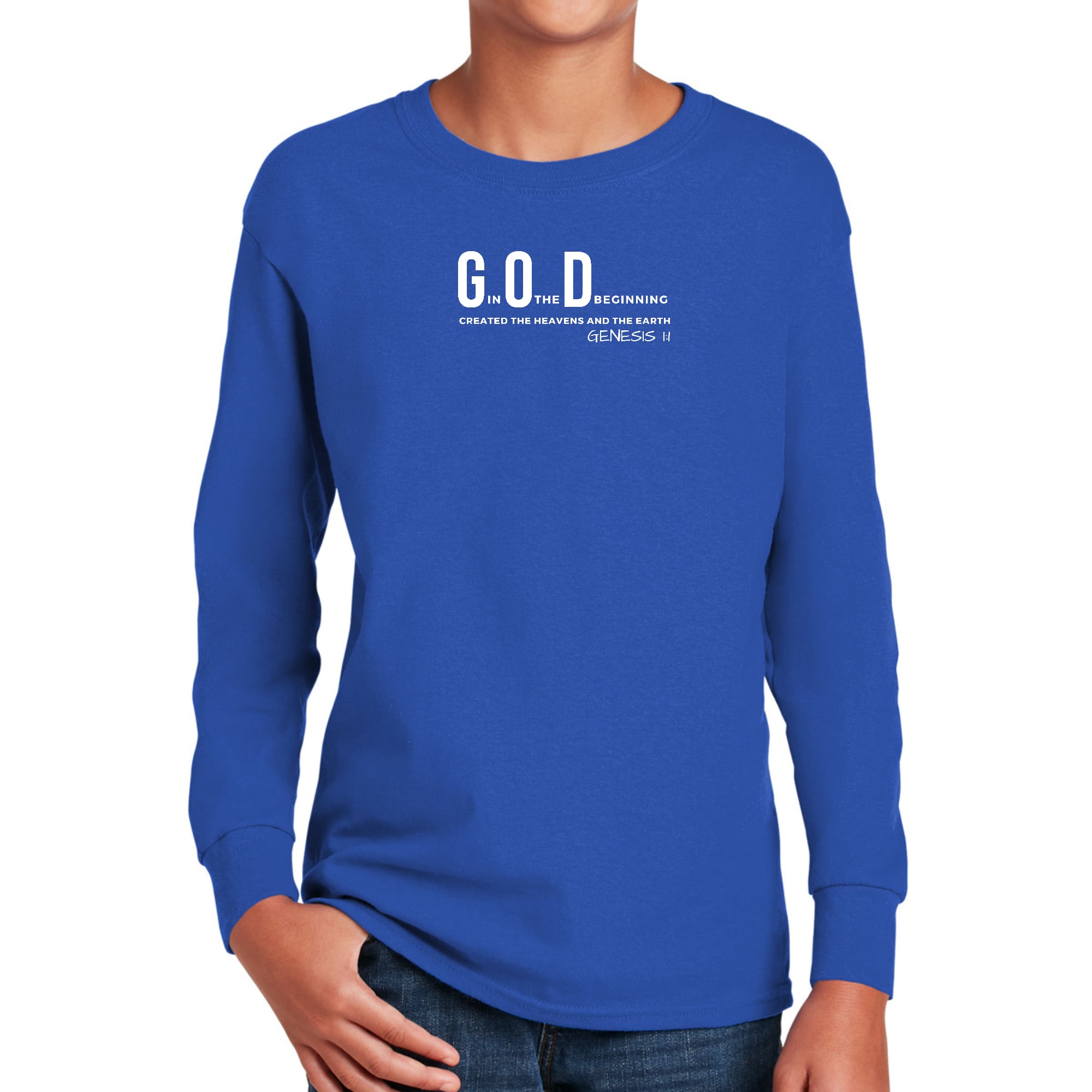 Youth Long Sleeve Graphic T-shirt with 'God in the Beginning' print, showcasing a comfortable fit and high-quality fabric.