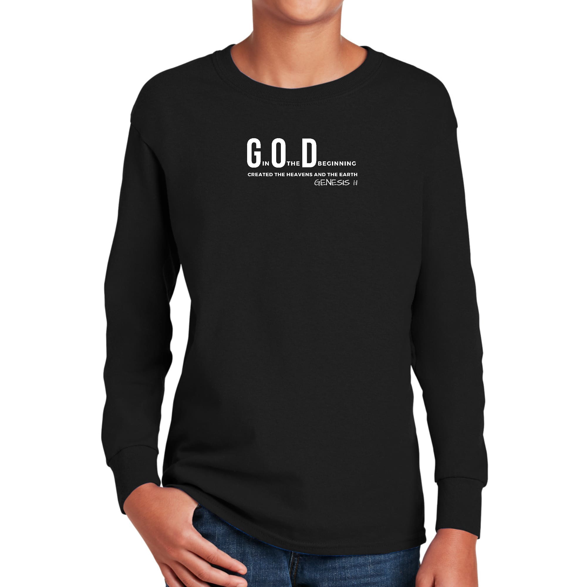 Youth Long Sleeve Graphic T-shirt with 'God in the Beginning' print, showcasing a comfortable fit and high-quality fabric.