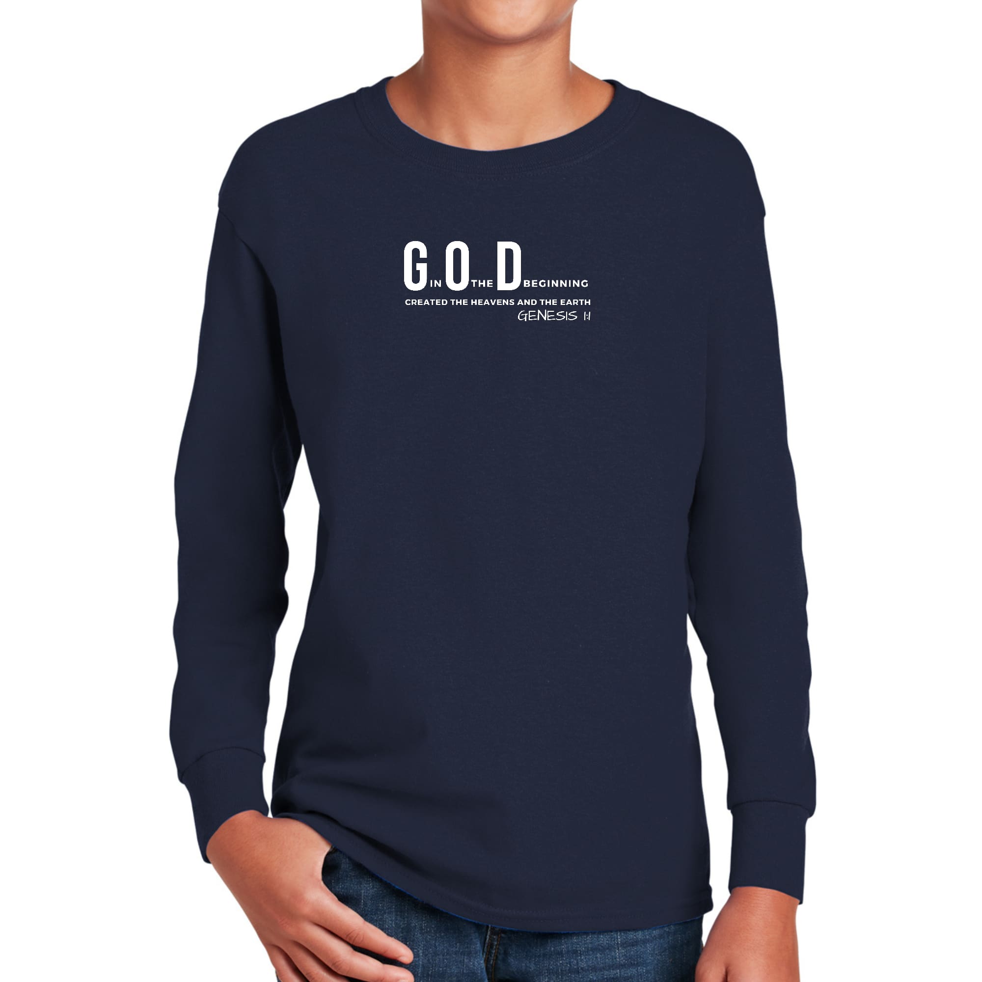 Youth Long Sleeve Graphic T-shirt with 'God in the Beginning' print, showcasing a comfortable fit and high-quality fabric.