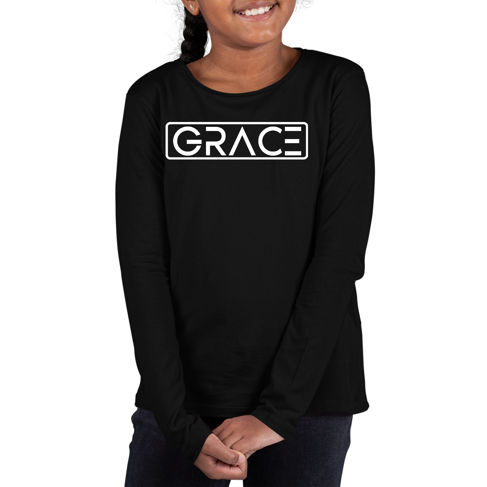 Youth Long Sleeve Graphic T-shirt in Grace design, showcasing soft cotton fabric and stylish graphics.