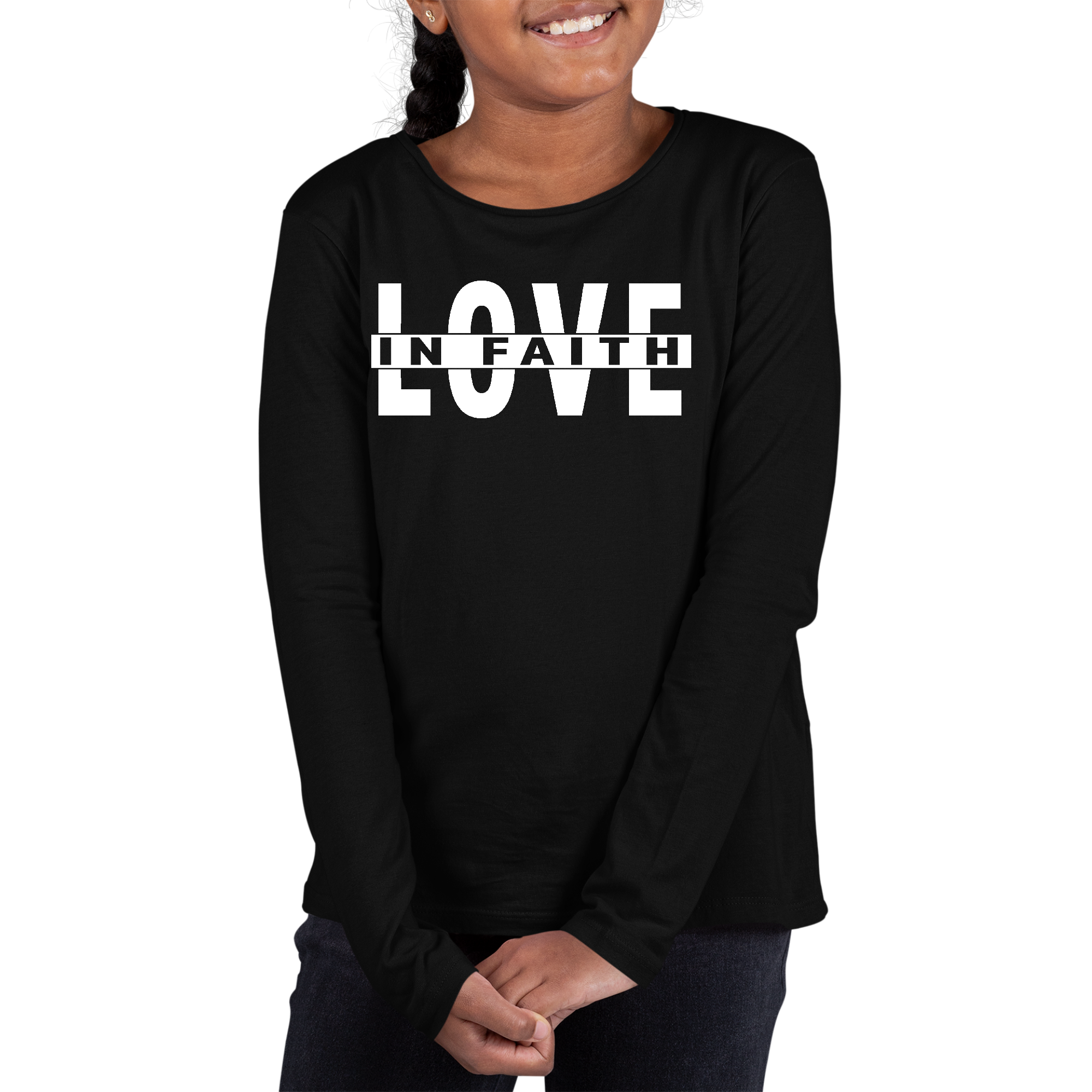 Youth Long Sleeve Graphic T-shirt featuring 'Love in Faith' design, made from soft preshrunk cotton, ideal for girls.