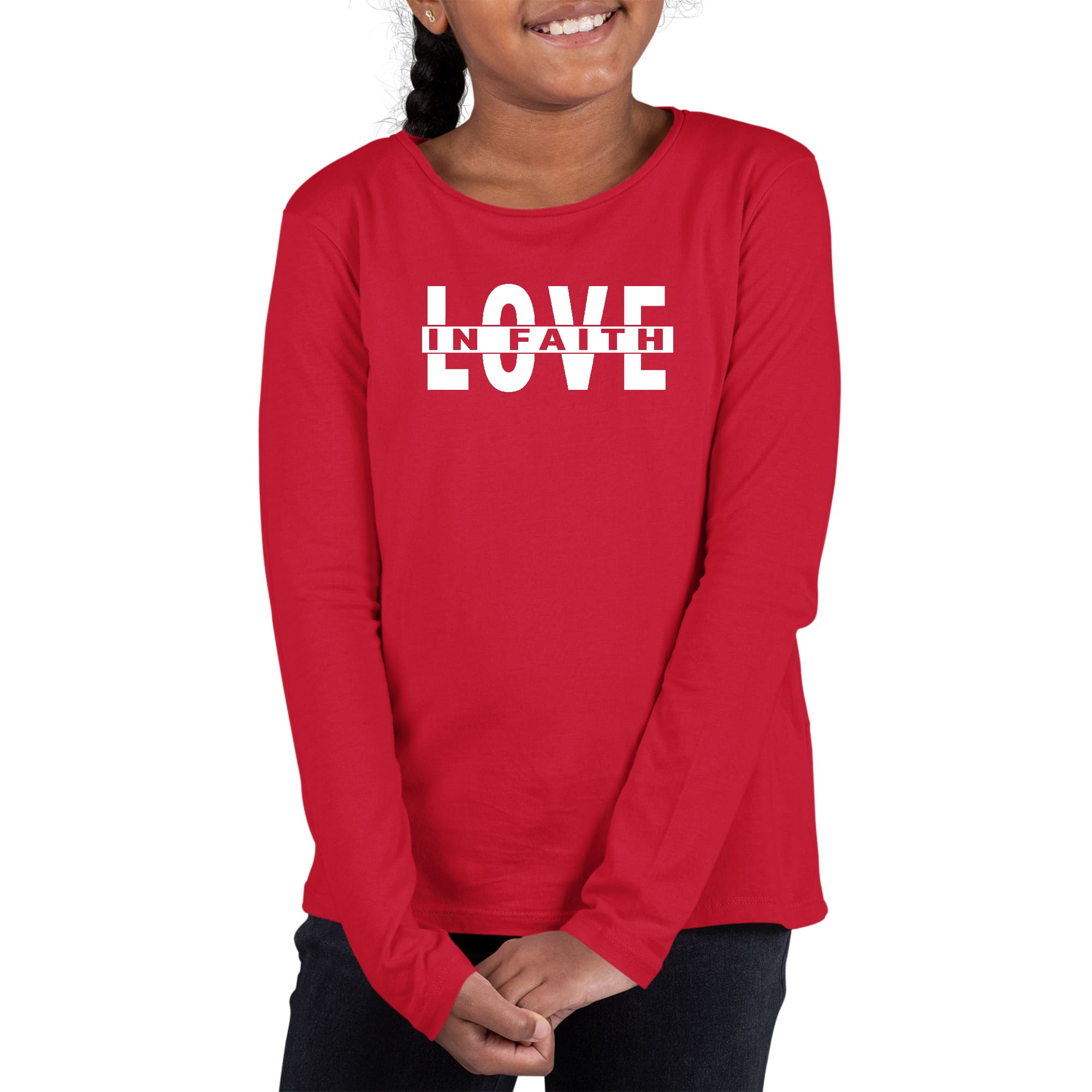 Youth Long Sleeve Graphic T-shirt featuring 'Love in Faith' design, made from soft preshrunk cotton, ideal for girls.