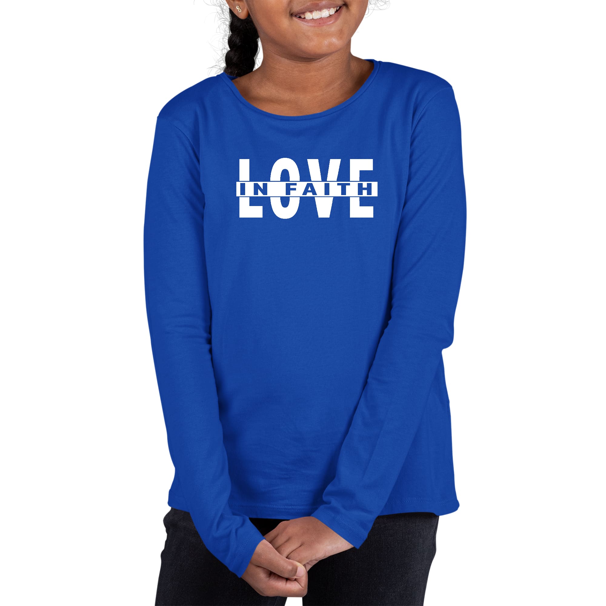 Youth Long Sleeve Graphic T-shirt featuring 'Love in Faith' design, made from soft preshrunk cotton, ideal for girls.
