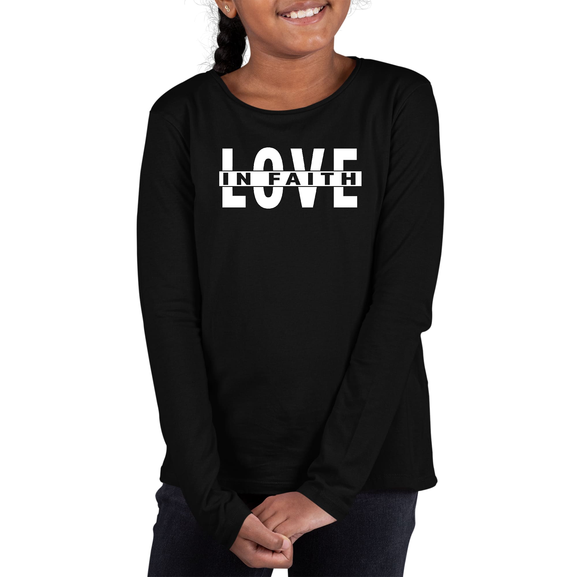 Youth Long Sleeve Graphic T-shirt featuring 'Love in Faith' design, made from soft preshrunk cotton, ideal for girls.