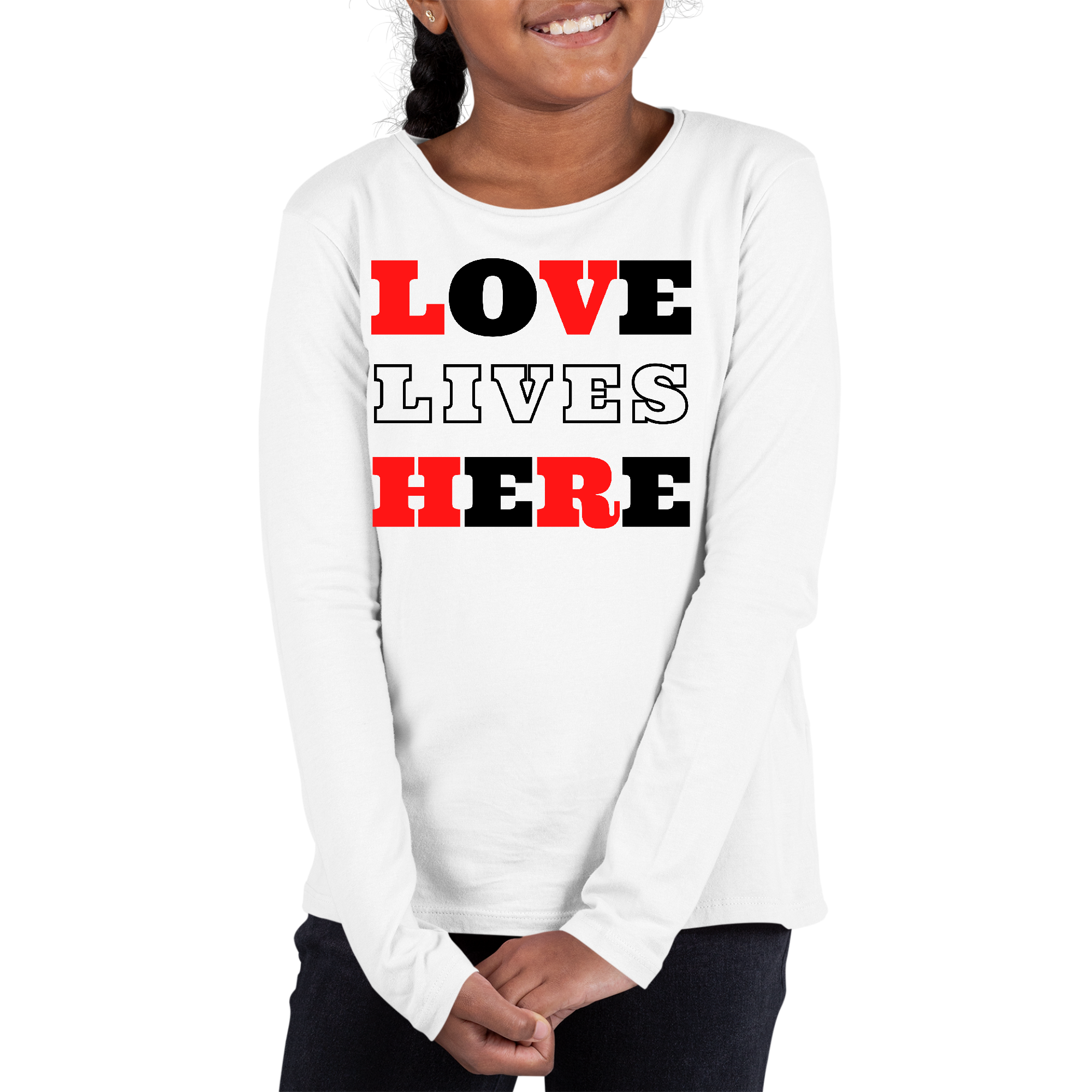 Youth Long Sleeve Graphic T-shirt in red with 'Love Lives Here' design, perfect for kids.
