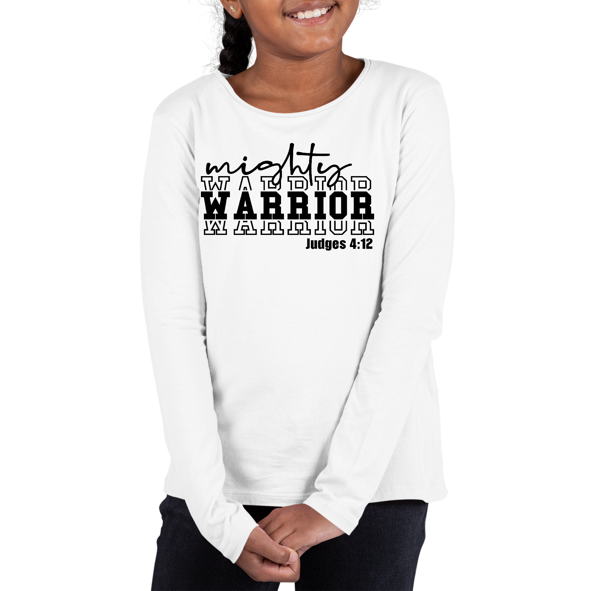 Youth long sleeve graphic t-shirt featuring a Mighty Warrior black illustration, made from soft cotton material.
