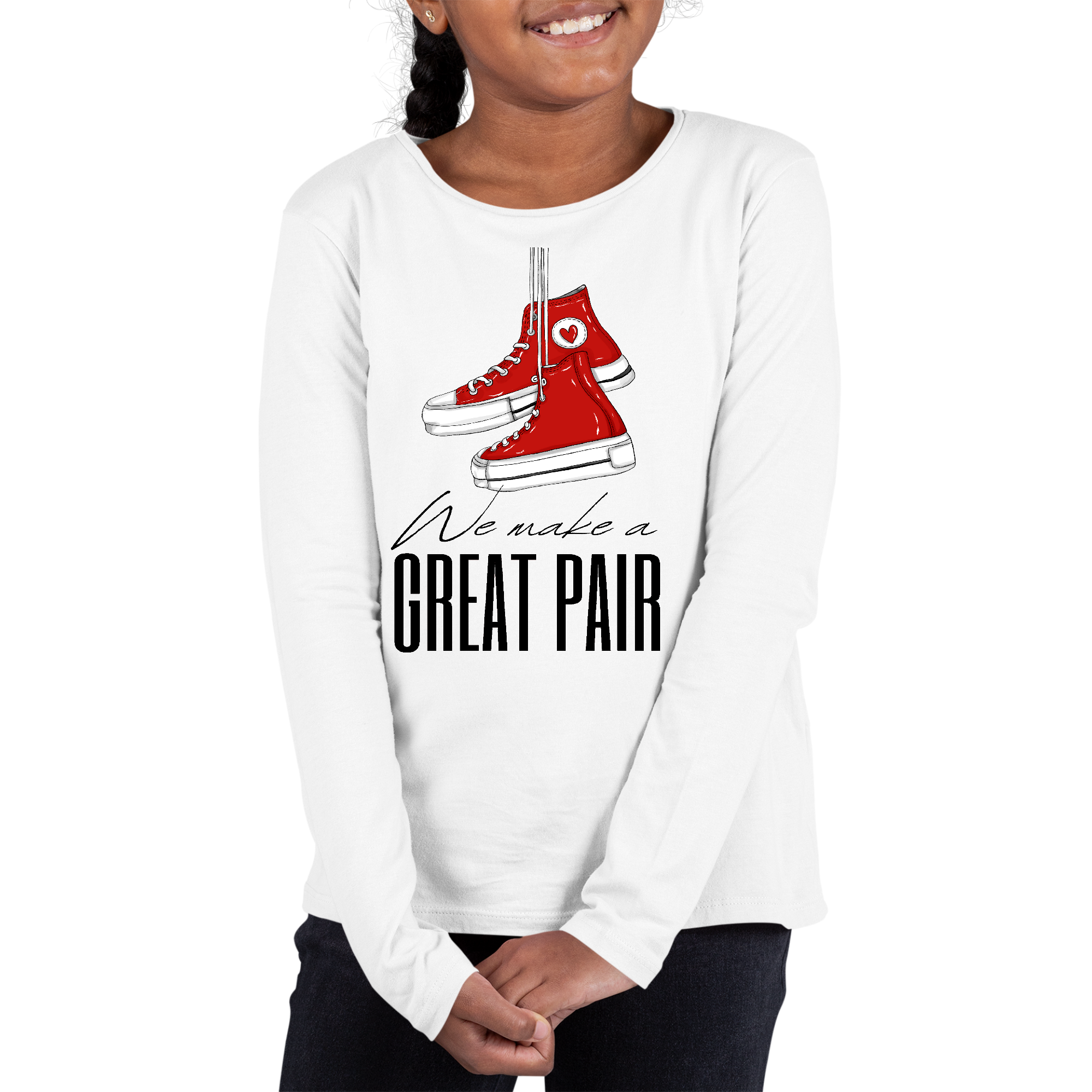 Youth Long Sleeve Graphic T-shirt featuring a stylish design with the phrase 'Say it Soul, we Make a Great Pair', made from soft cotton material.