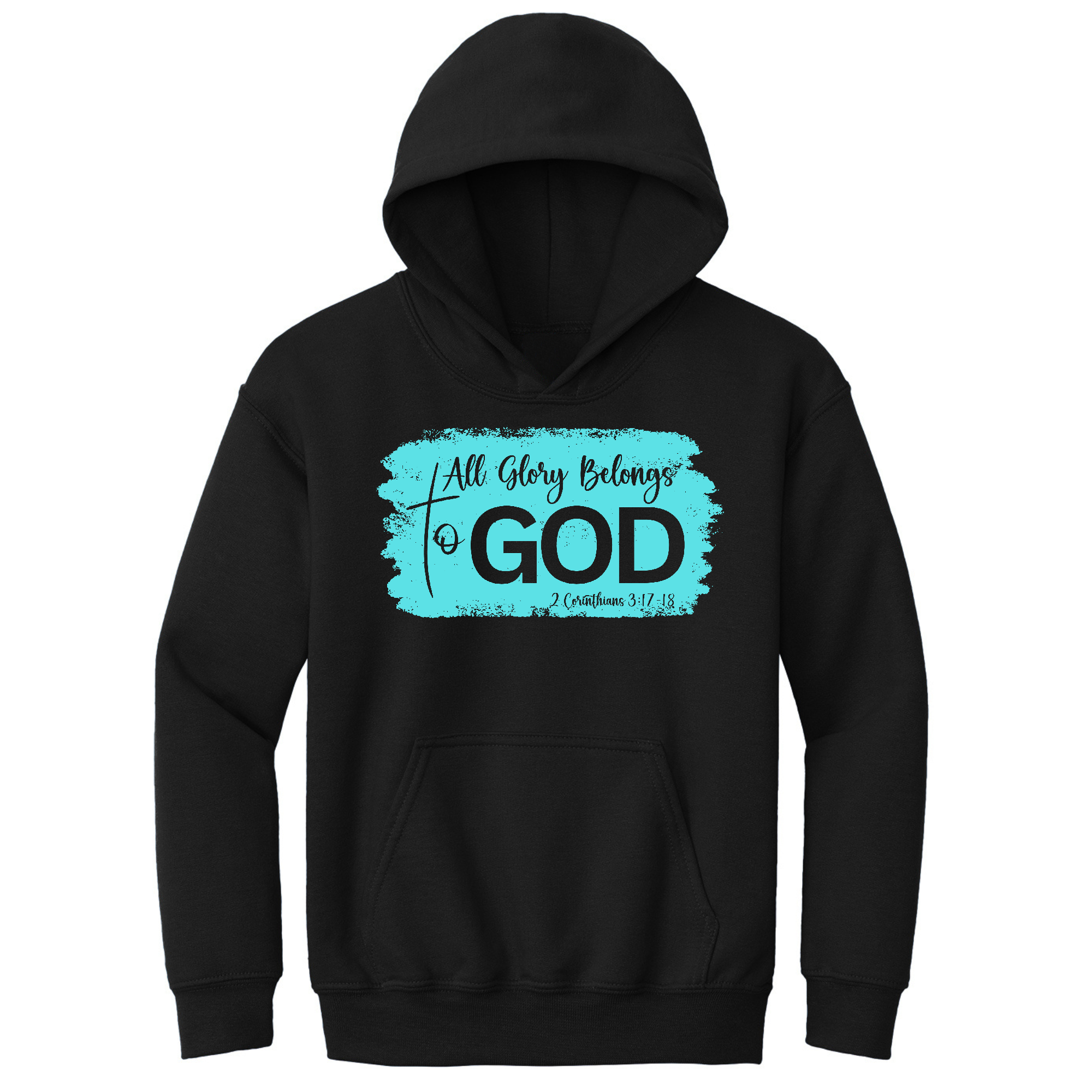 Youth long sleeve hoodie featuring 'All Glory Belongs to God' graphic in cyan color, perfect for young believers.