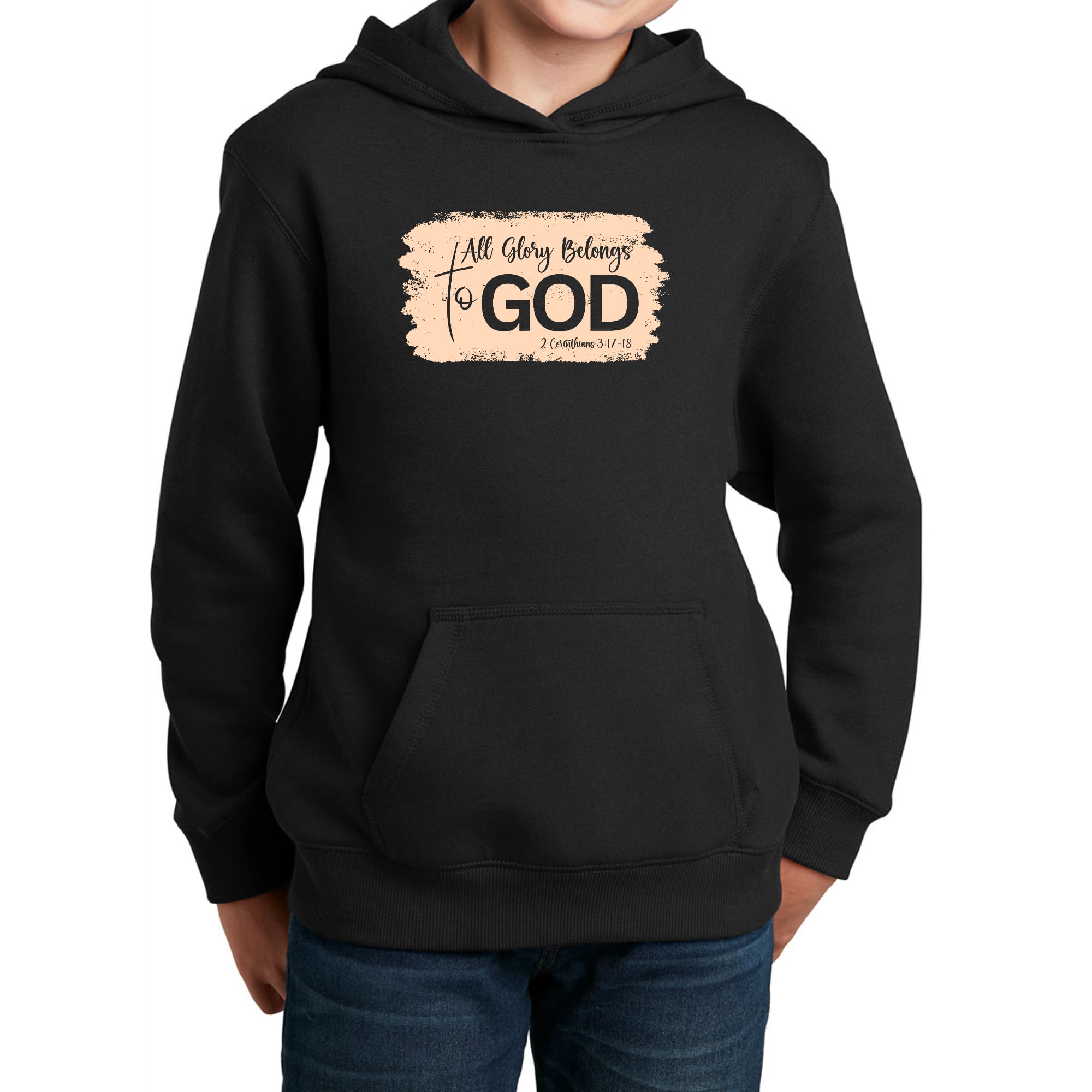 Youth Long Sleeve Hoodie featuring 'All Glory Belongs to God' graphic in peach color, made from soft cotton-polyester blend.